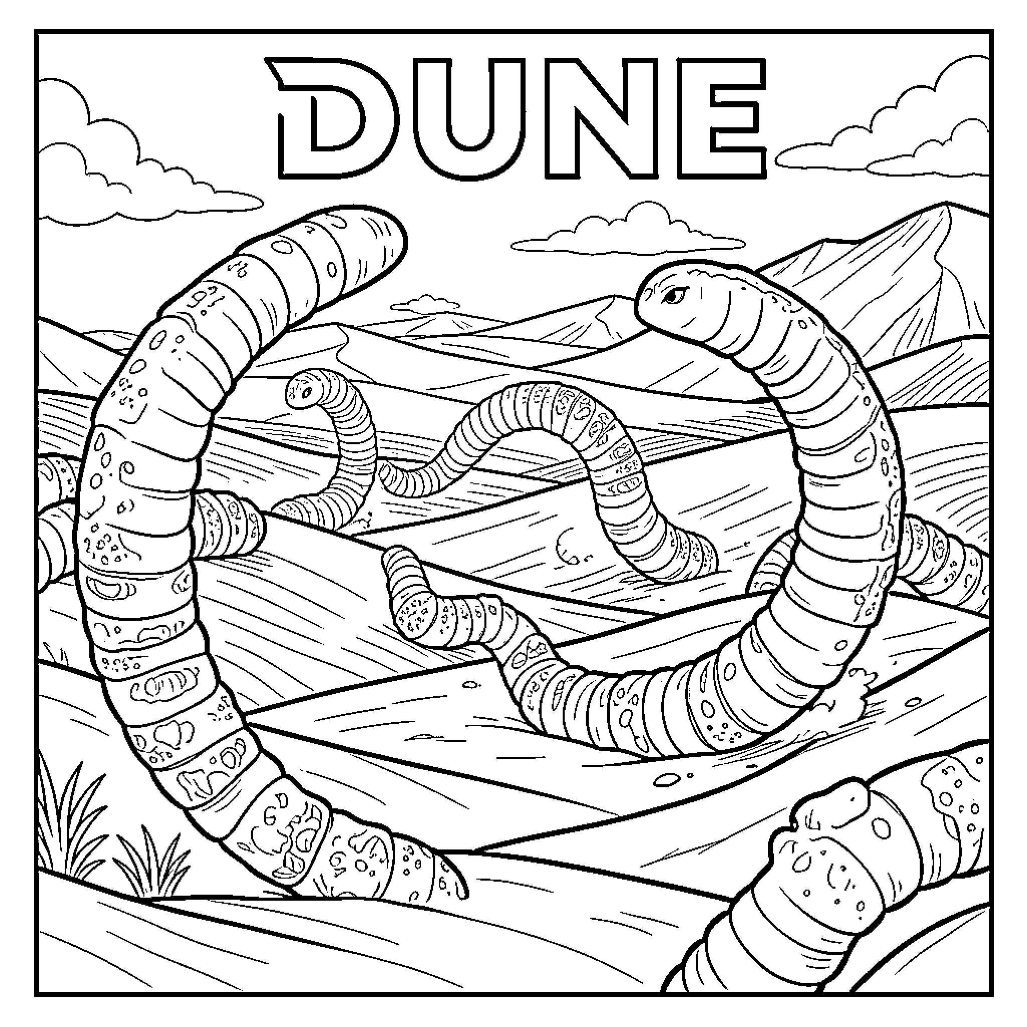 Dune creatures traversing the desert landscape Coloring Page (free black-and-white line drawing printable PDF for all, from beginners to advanced learners, including children, teens, adults, and seniors)