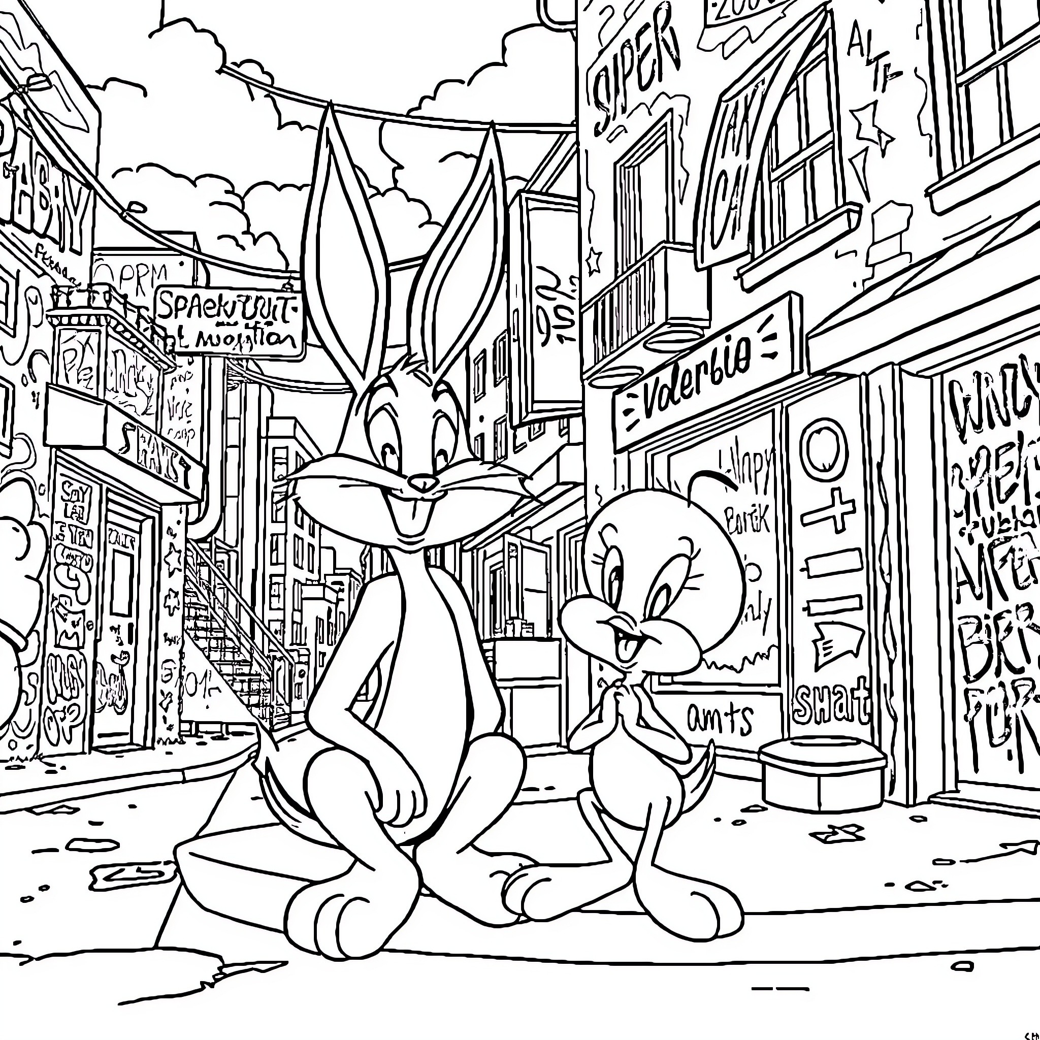 Bugs Bunny and Daffy Duck exploring the city streets Coloring Page (free black-and-white line drawing printable PDF for all, from beginners to advanced learners, including children, teens, adults, and seniors)