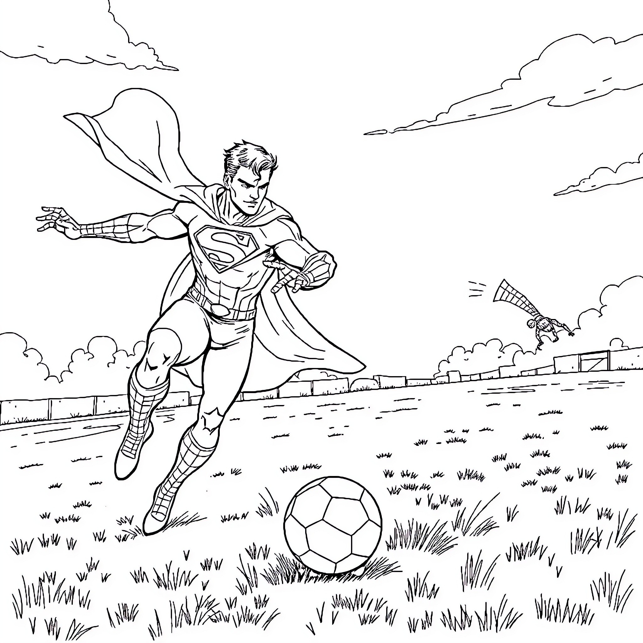 Superhero playing soccer in an outdoor field Coloring Page (free black-and-white line drawing printable PDF for all, from beginners to advanced learners, including children, teens, adults, and seniors)