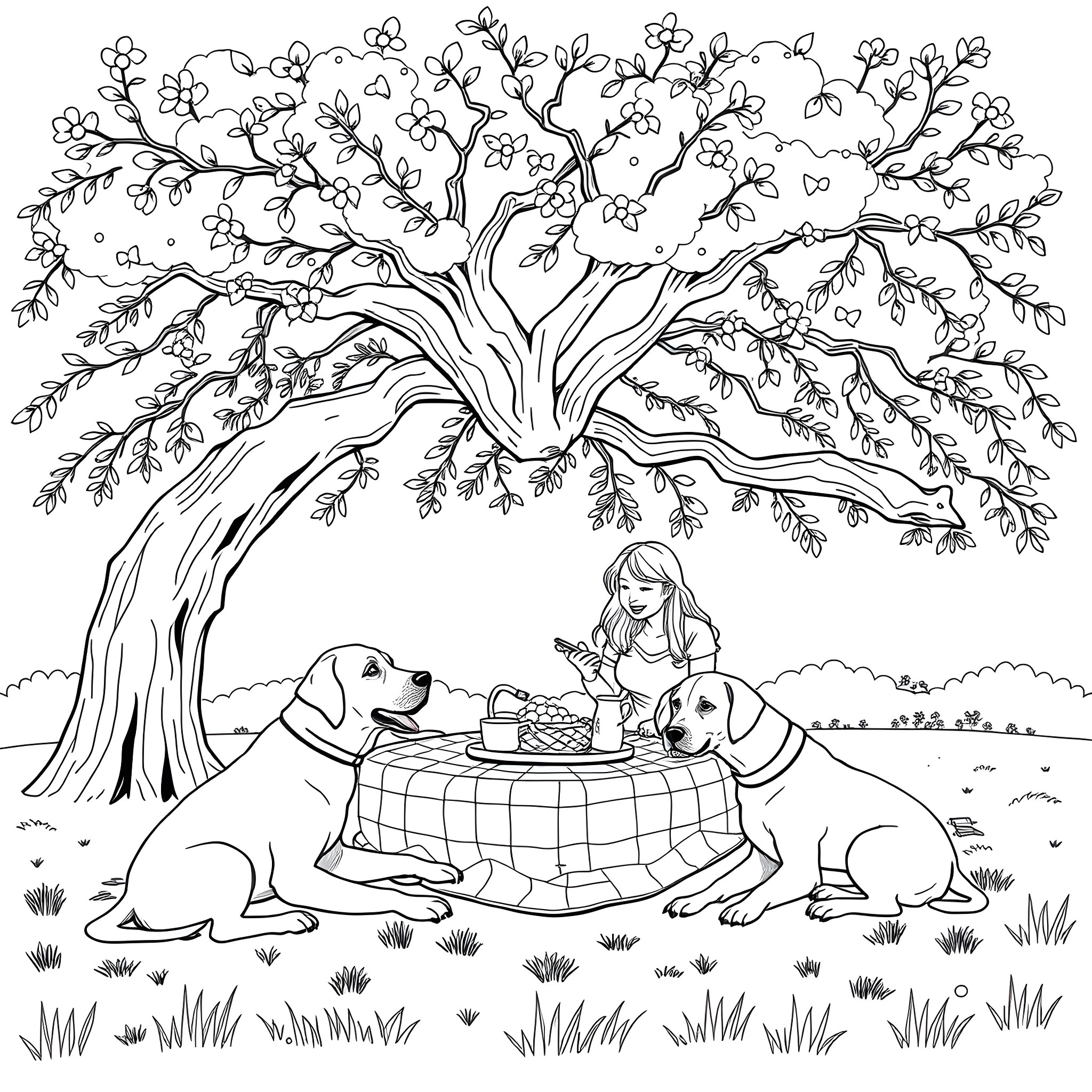 Dogs and girl having a picnic under a blooming tree Coloring Page (free black-and-white line drawing printable PDF for all, from beginners to advanced learners, including children, teens, adults, and seniors)
