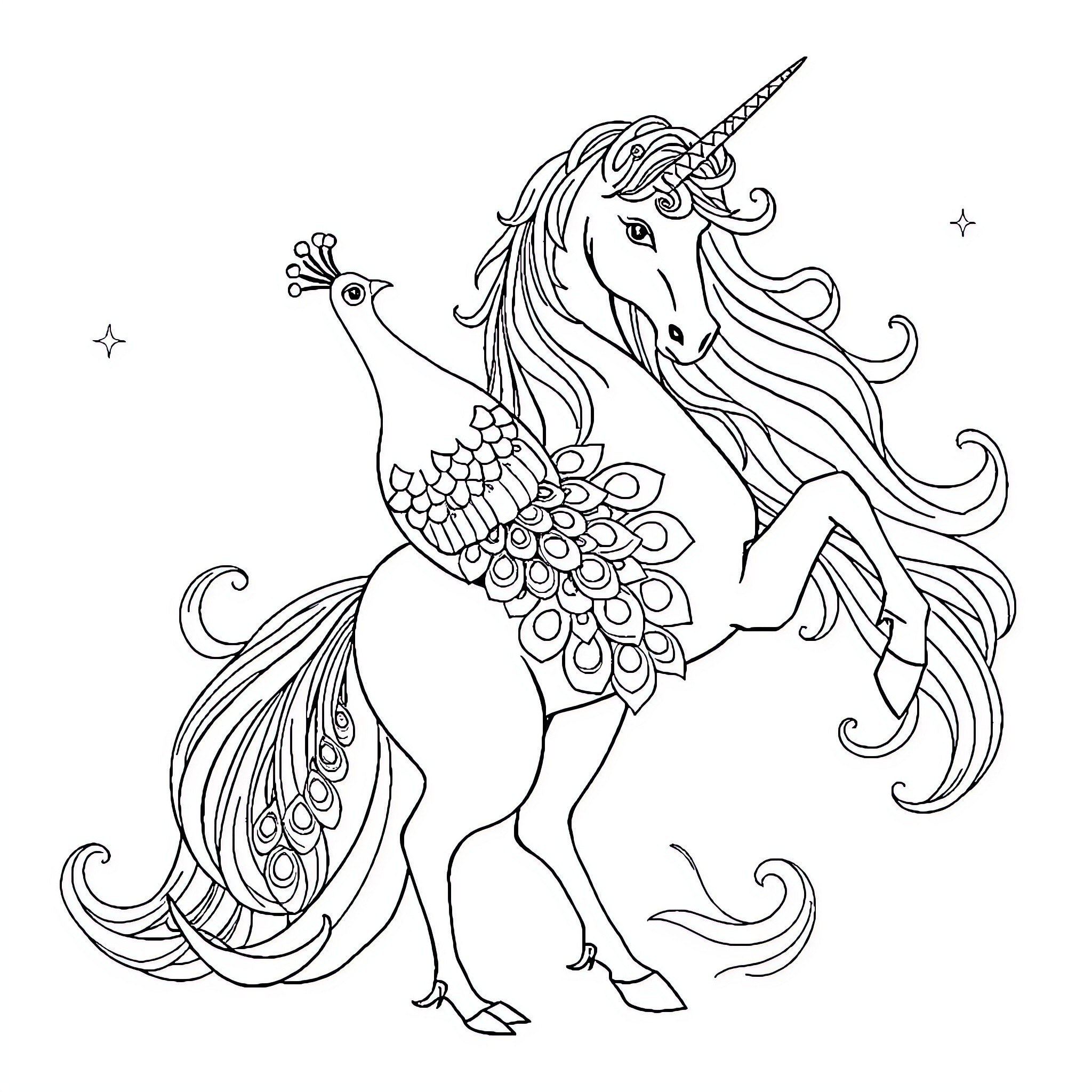 Peacock Unicorn with Fanciful Features Coloring Page (free black-and-white line drawing printable PDF for all, from beginners to advanced learners, including children, teens, adults, and seniors)