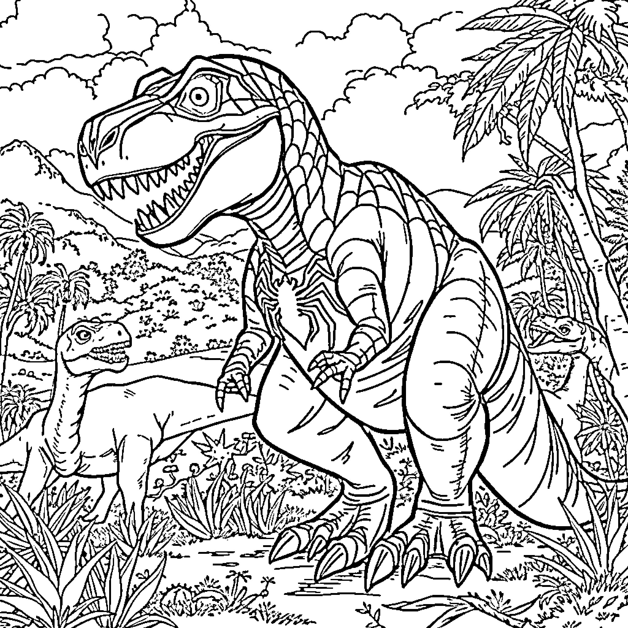 T-Rex Roaring Fiercely in Tropical Jungle Landscape Coloring Page (free black-and-white line drawing printable PDF for all, from beginners to advanced learners, including children, teens, adults, and seniors)