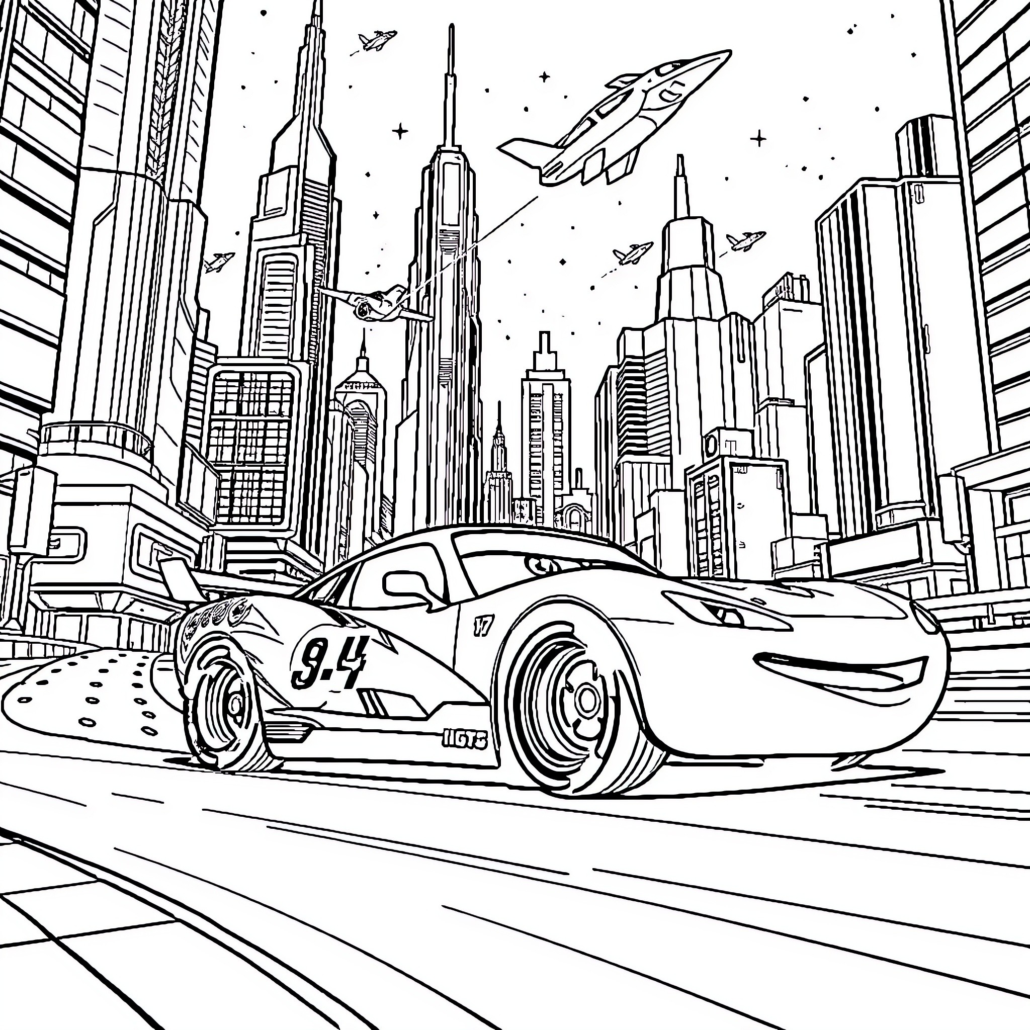 Car racing through futuristic city skyline Coloring Page (free black-and-white line drawing printable PDF for all, from beginners to advanced learners, including children, teens, adults, and seniors)
