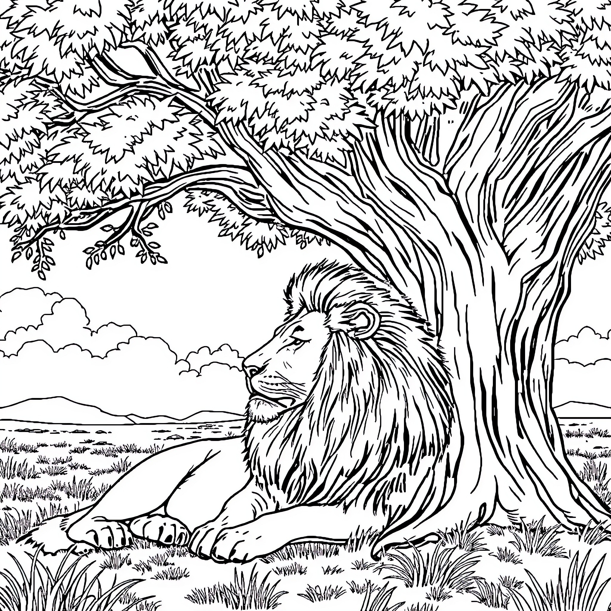 Lion resting peacefully under shady tree Coloring Page (free black-and-white line drawing printable PDF for all, from beginners to advanced learners, including children, teens, adults, and seniors)