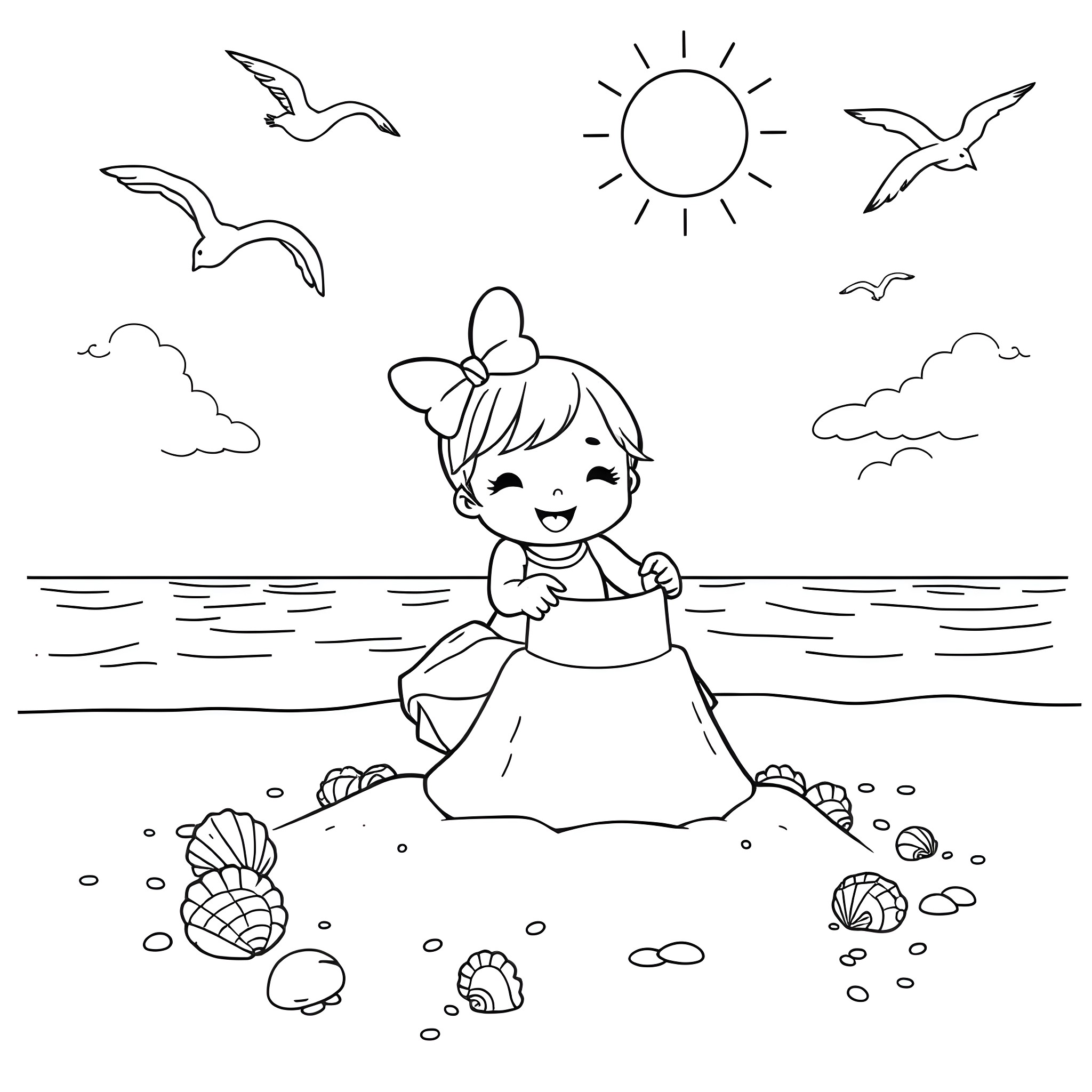 My Melody Playing on the Beach Coloring Page (free black-and-white line drawing printable PDF for all, from beginners to advanced learners, including children, teens, adults, and seniors)