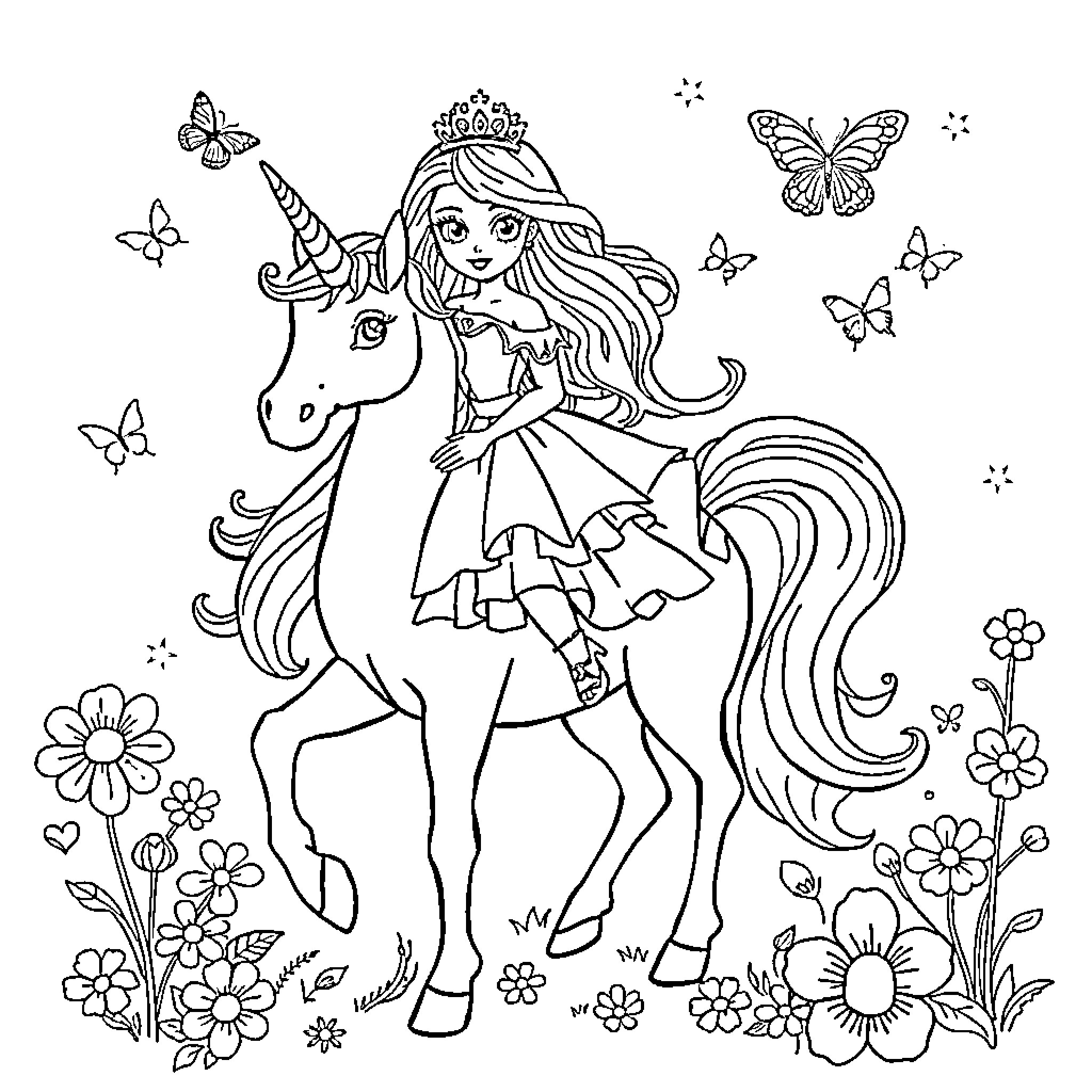 Princess on a Magical Unicorn Journey Coloring Page (free black-and-white line drawing printable PDF for all, from beginners to advanced learners, including children, teens, adults, and seniors)
