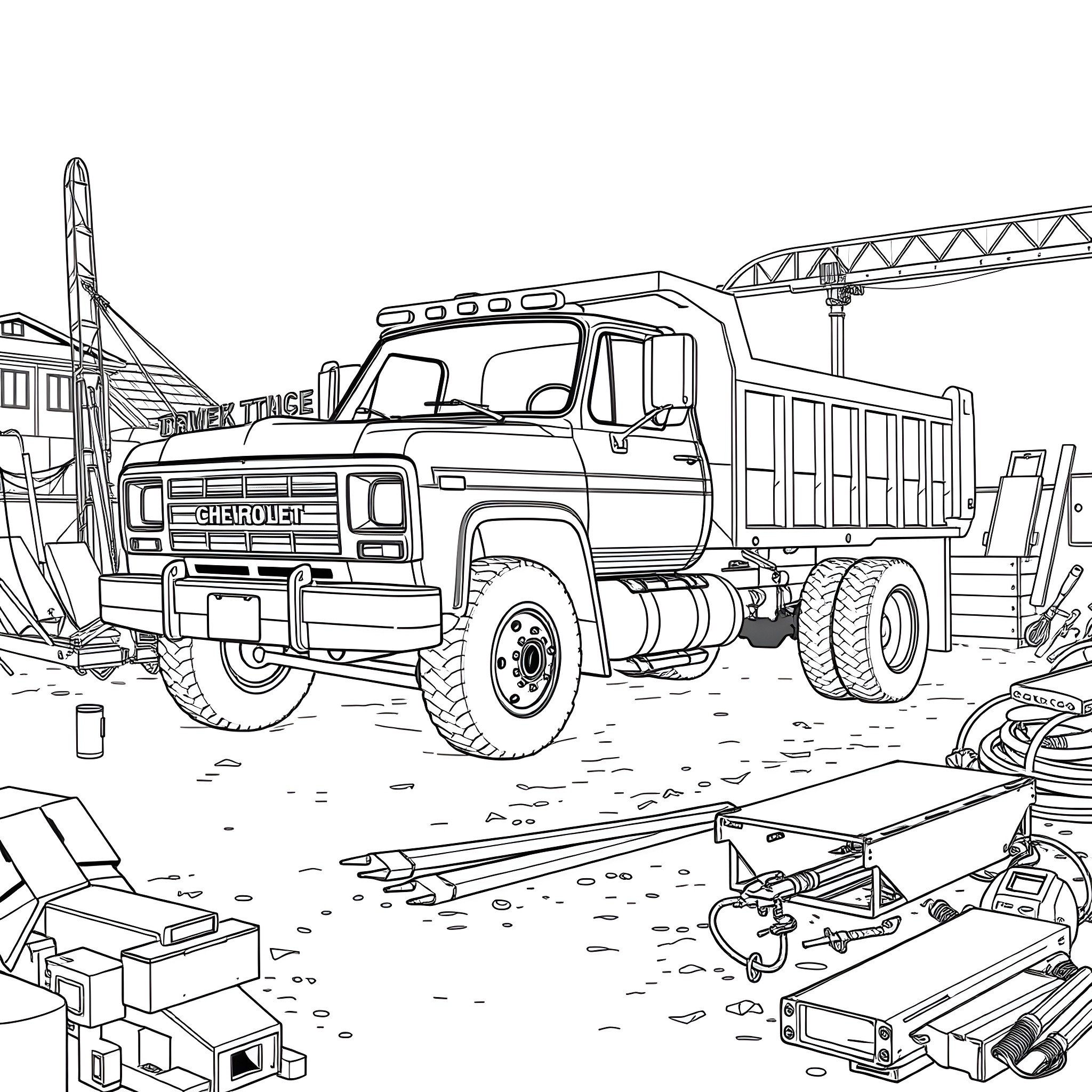 Chevy Dump Truck Unloading Cargo at Construction Site Coloring Page (free black-and-white line drawing printable PDF for all, from beginners to advanced learners, including children, teens, adults, and seniors)
