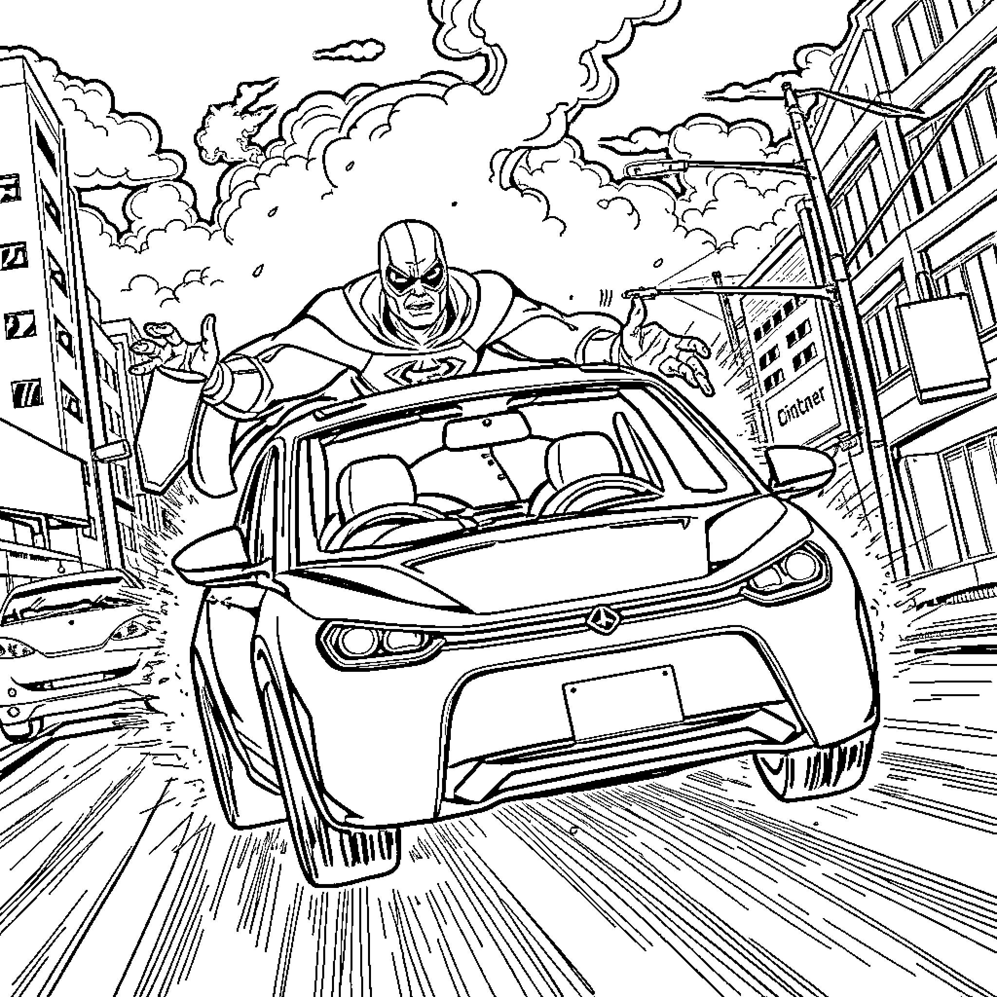 Self Driving Car Speeds Through Chaotic City Scene Coloring Page (free black-and-white line drawing printable PDF for all, from beginners to advanced learners, including children, teens, adults, and seniors)