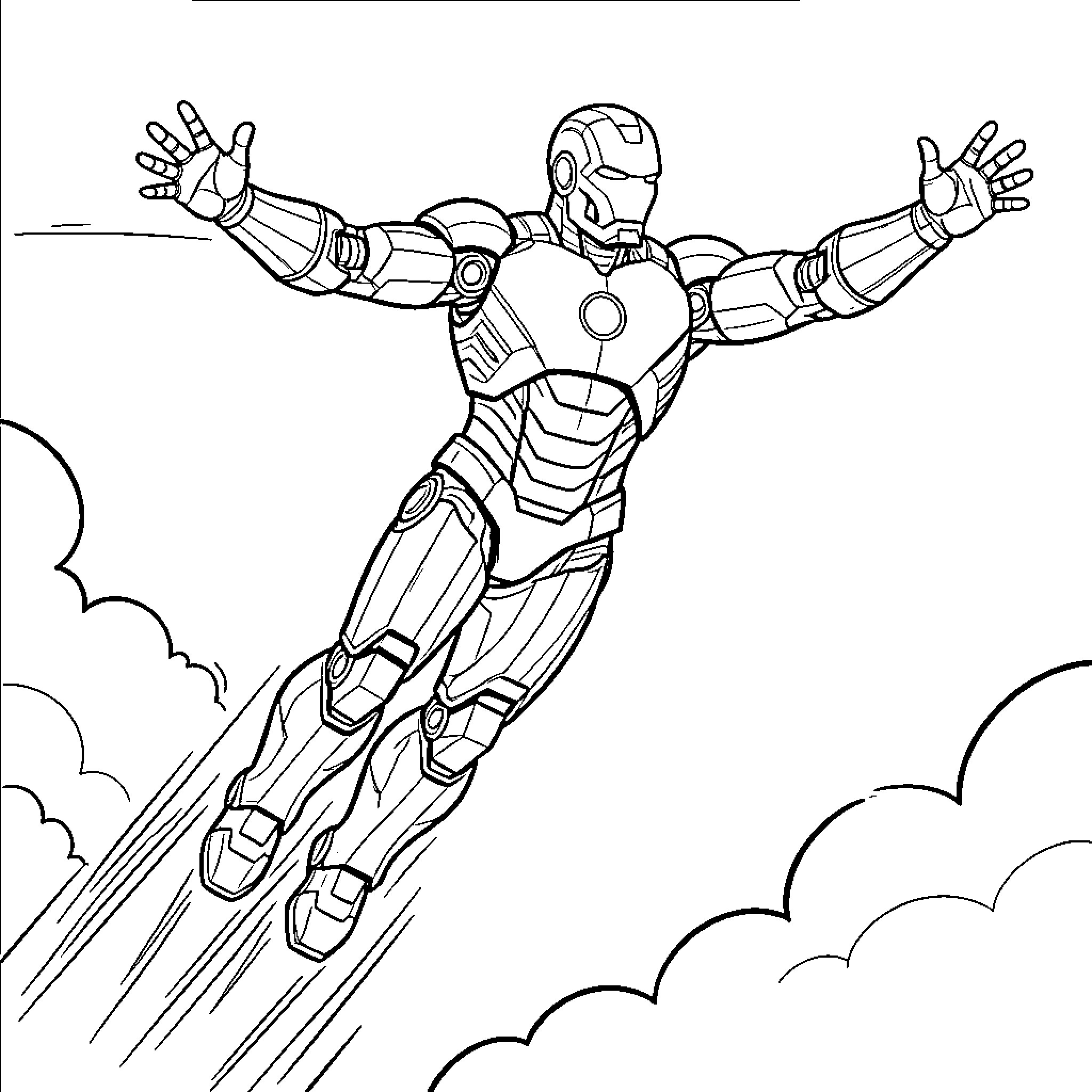 Iron Man flying through the clouds with arms outstretched Coloring Page (free black-and-white line drawing printable PDF for all, from beginners to advanced learners, including children, teens, adults, and seniors)