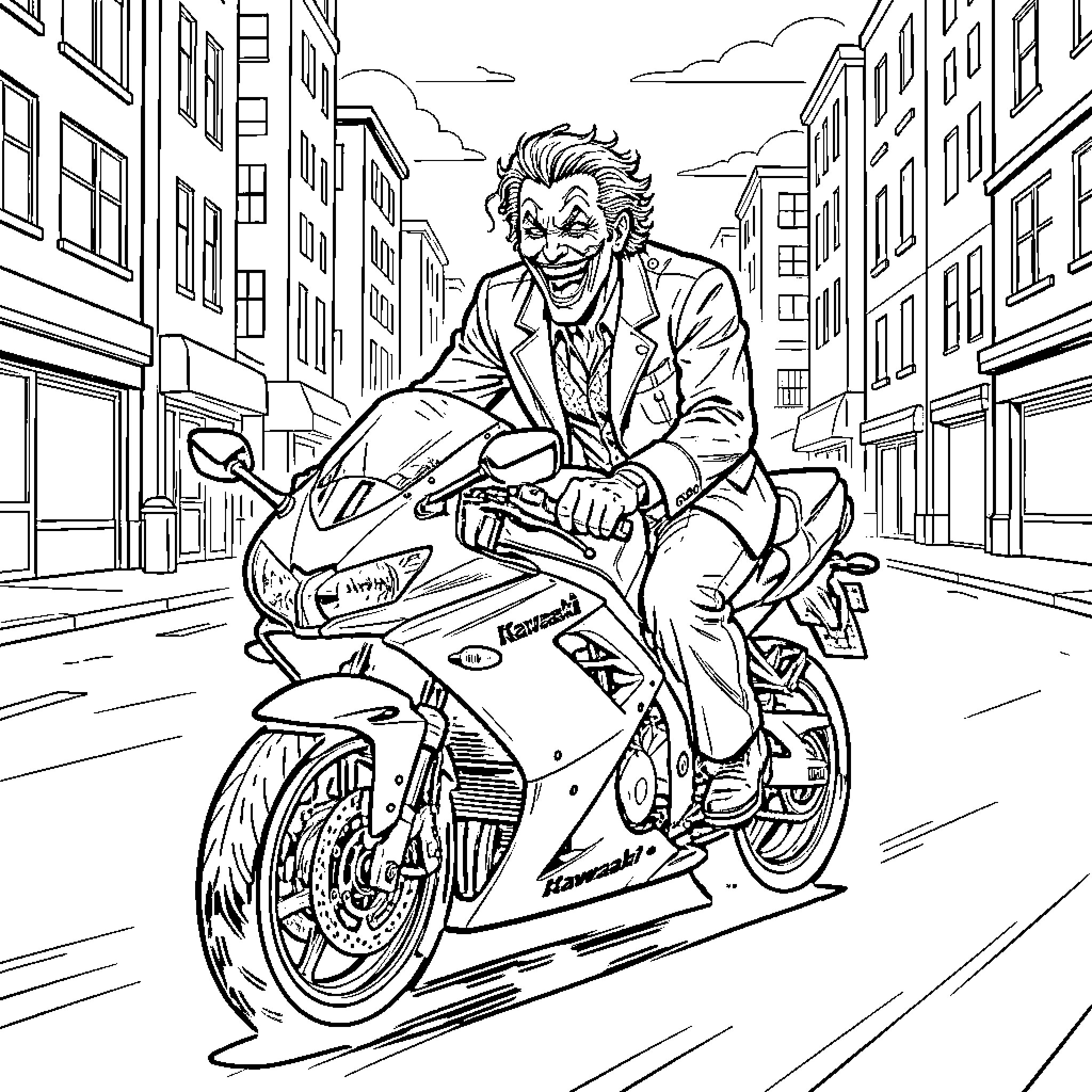 Joker riding a motorcycle through city streets laughing Coloring Page (free black-and-white line drawing printable PDF for all, from beginners to advanced learners, including children, teens, adults, and seniors)
