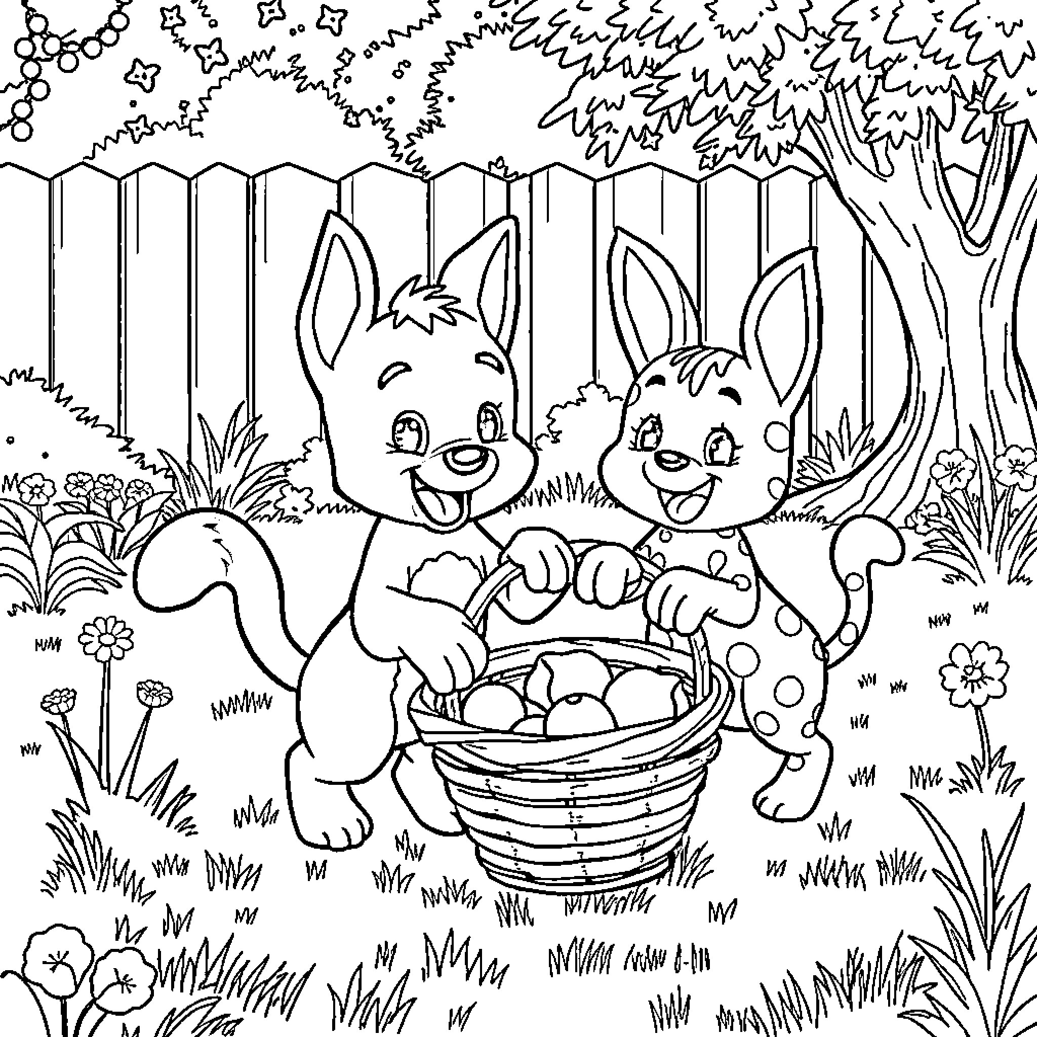 Bluey's Bunny Basket Adventure Coloring Page (free black-and-white line drawing printable PDF for all, from beginners to advanced learners, including children, teens, adults, and seniors)