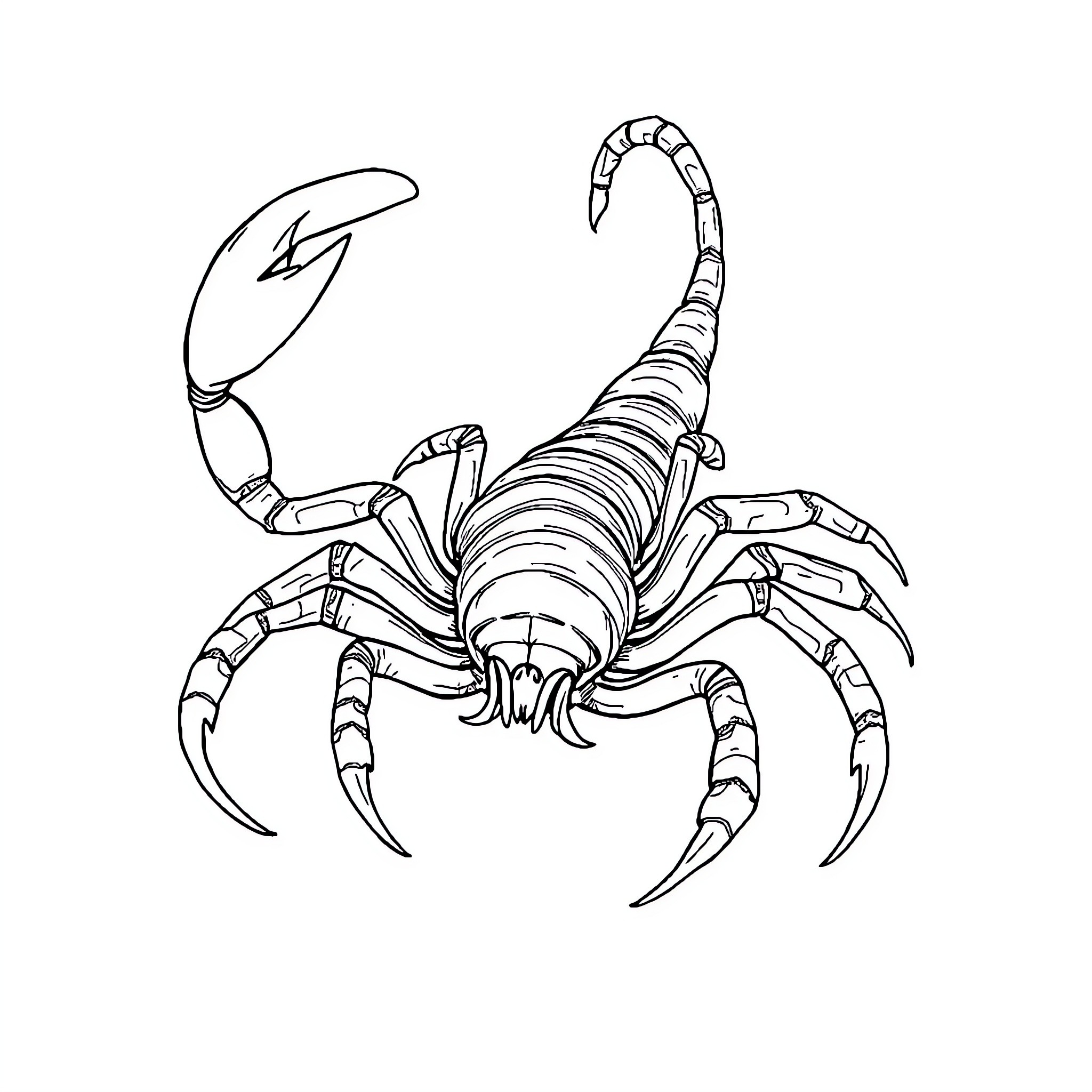 Scorpion with Striking Claws and Tail Coloring Page (free black-and-white line drawing printable PDF for all, from beginners to advanced learners, including children, teens, adults, and seniors)