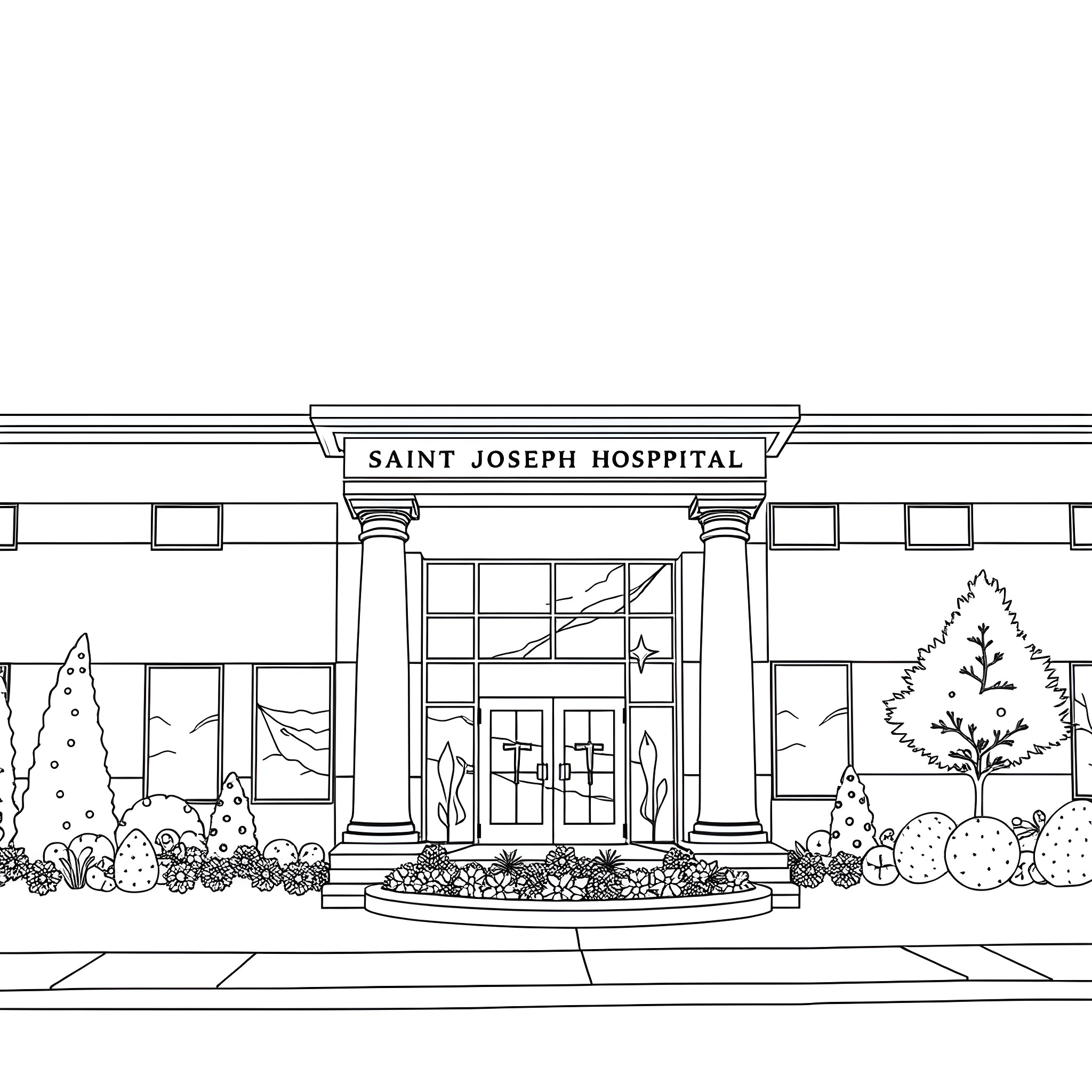 Hospital exterior with architectural details Coloring Page (free black-and-white line drawing printable PDF for all, from beginners to advanced learners, including children, teens, adults, and seniors)