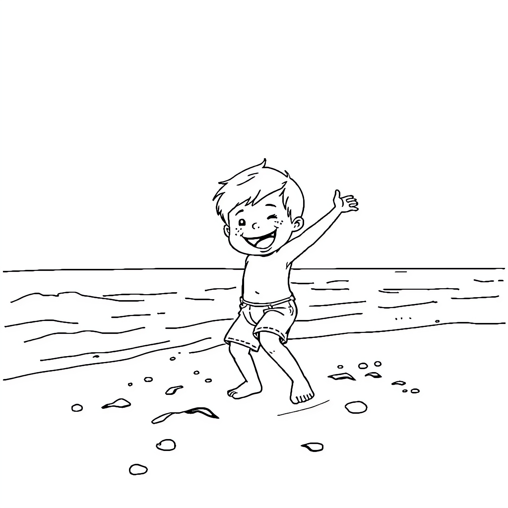 Boy playing joyfully on the beach Coloring Page (free black-and-white line drawing printable PDF for all, from beginners to advanced learners, including children, teens, adults, and seniors)