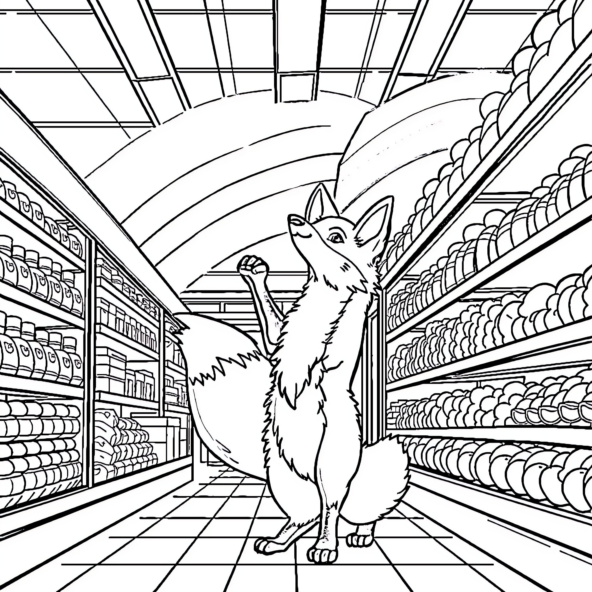 Fox exploring the colorful supermarket aisles Coloring Page (free black-and-white line drawing printable PDF for all, from beginners to advanced learners, including children, teens, adults, and seniors)