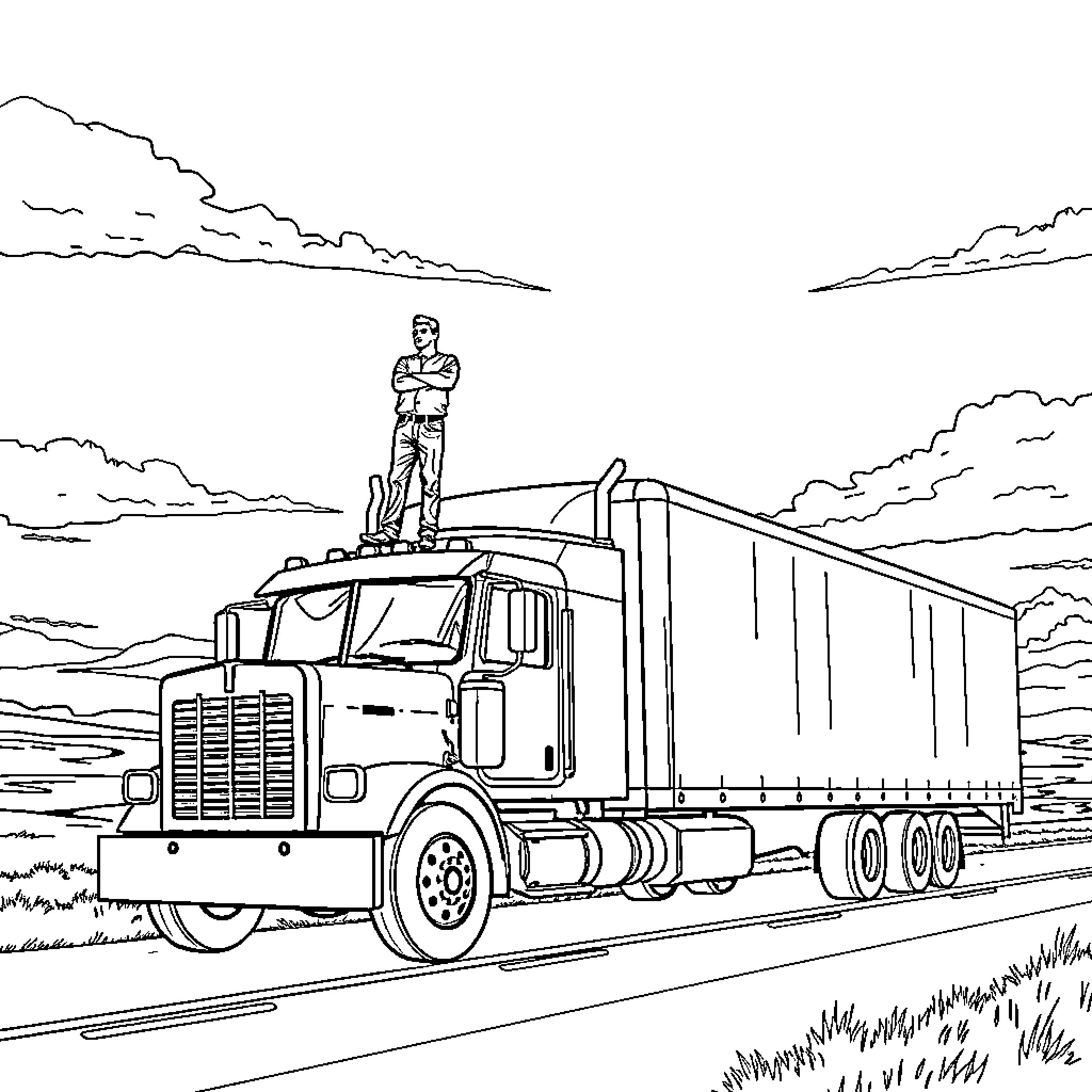 Man operating a large semi-truck on the highway Coloring Page (free black-and-white line drawing printable PDF for all, from beginners to advanced learners, including children, teens, adults, and seniors)