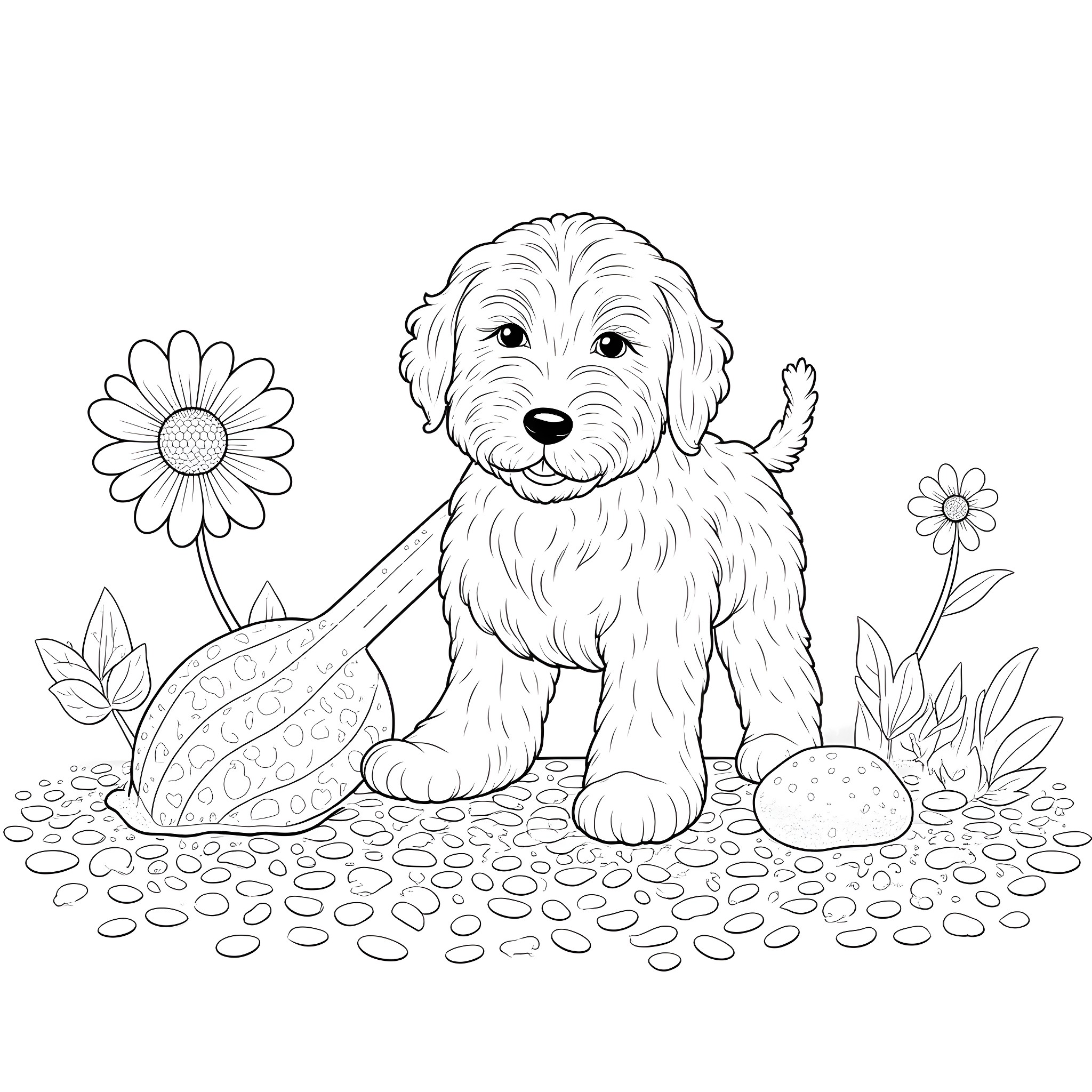 Labradoodle playing with Easter eggs in the garden Coloring Page (free black-and-white line drawing printable PDF for all, from beginners to advanced learners, including children, teens, adults, and seniors)