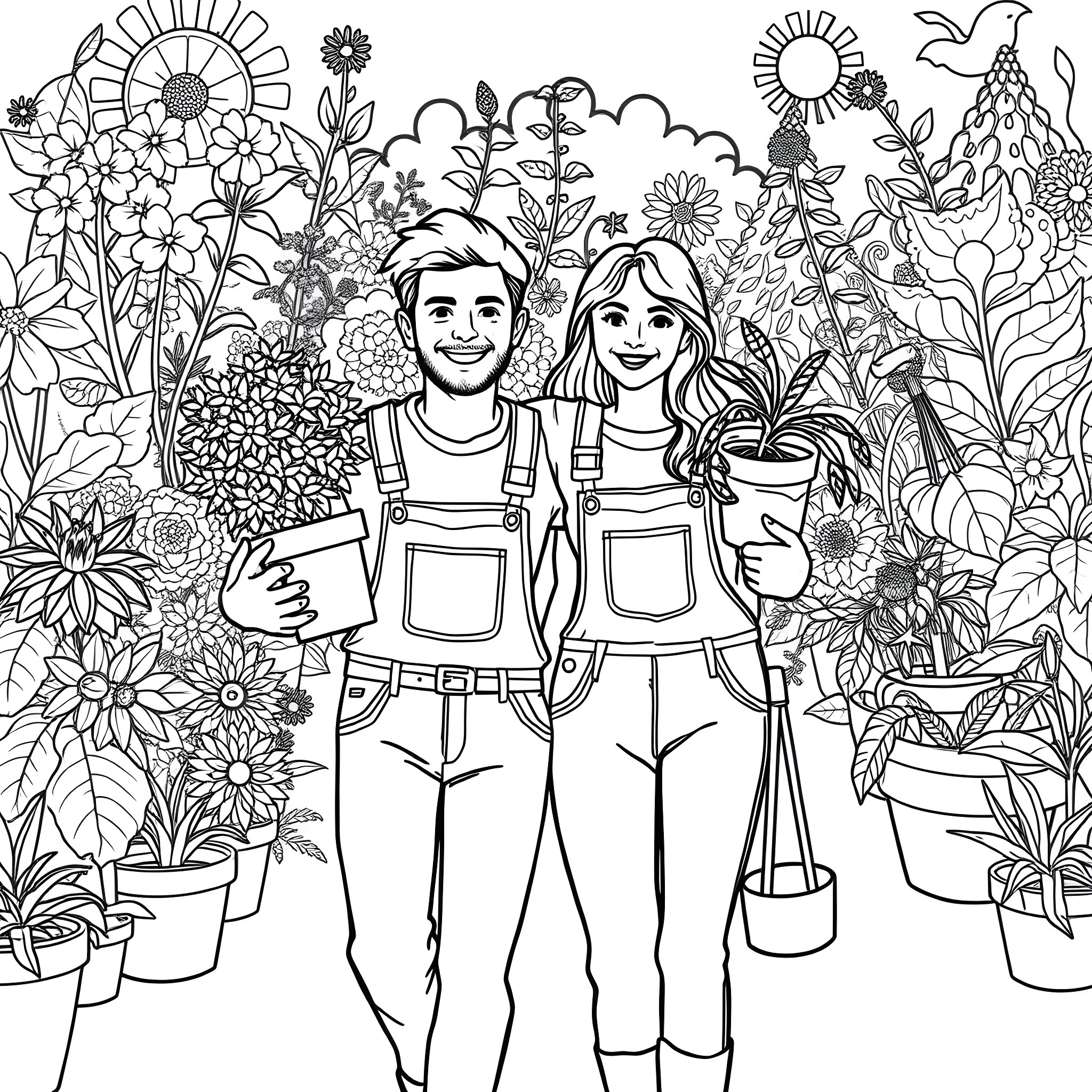 Gardeners tending to their flourishing garden Coloring Page (free black-and-white line drawing printable PDF for all, from beginners to advanced learners, including children, teens, adults, and seniors)