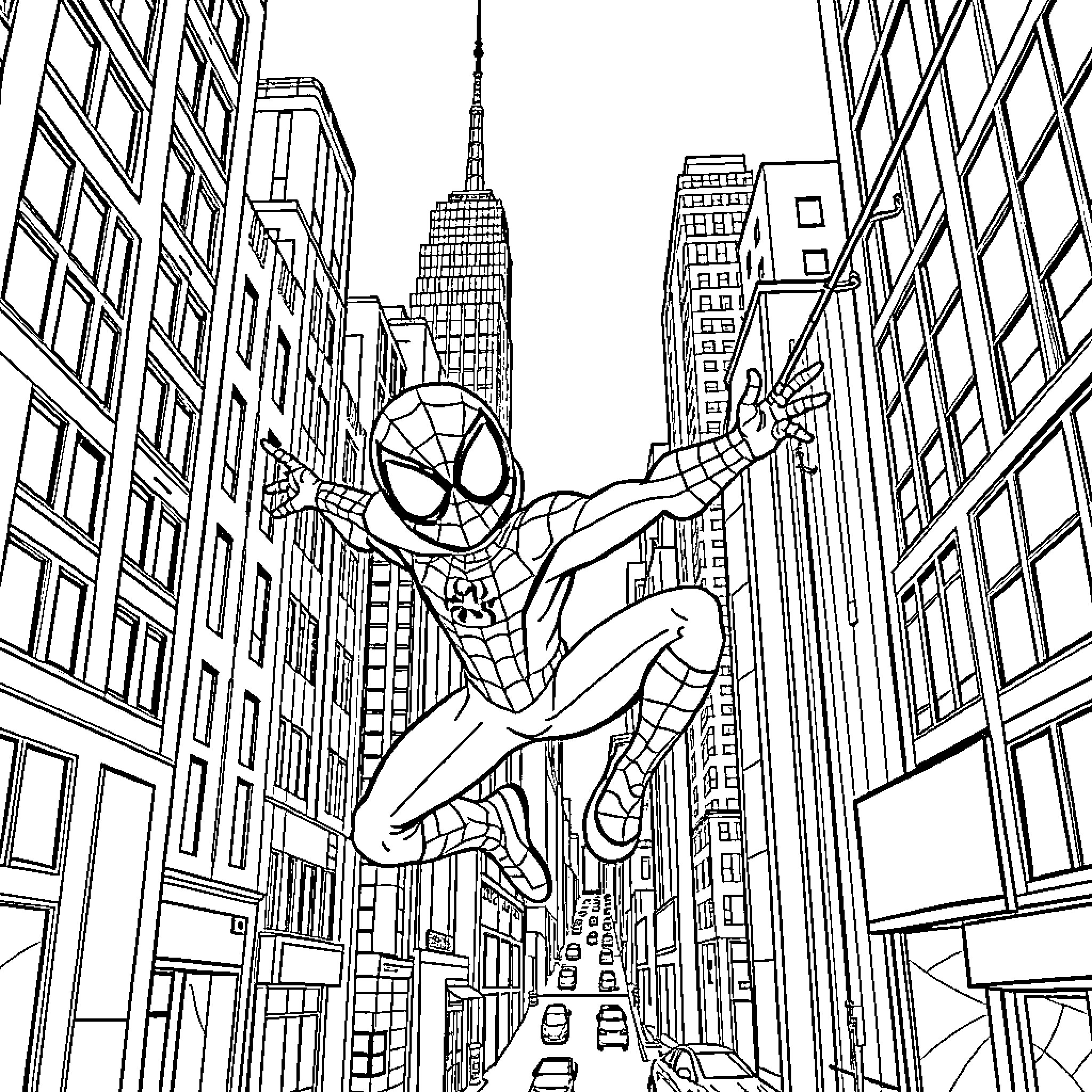Spidey swinging through the city Coloring Page (free black-and-white line drawing printable PDF for all, from beginners to advanced learners, including children, teens, adults, and seniors)