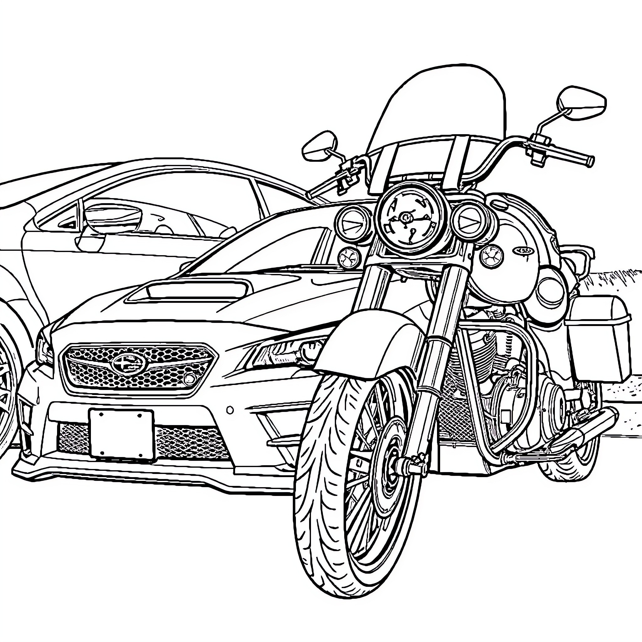 Subaru Vehicle and Motorcycle in Driveway Coloring Page (free black-and-white line drawing printable PDF for all, from beginners to advanced learners, including children, teens, adults, and seniors)