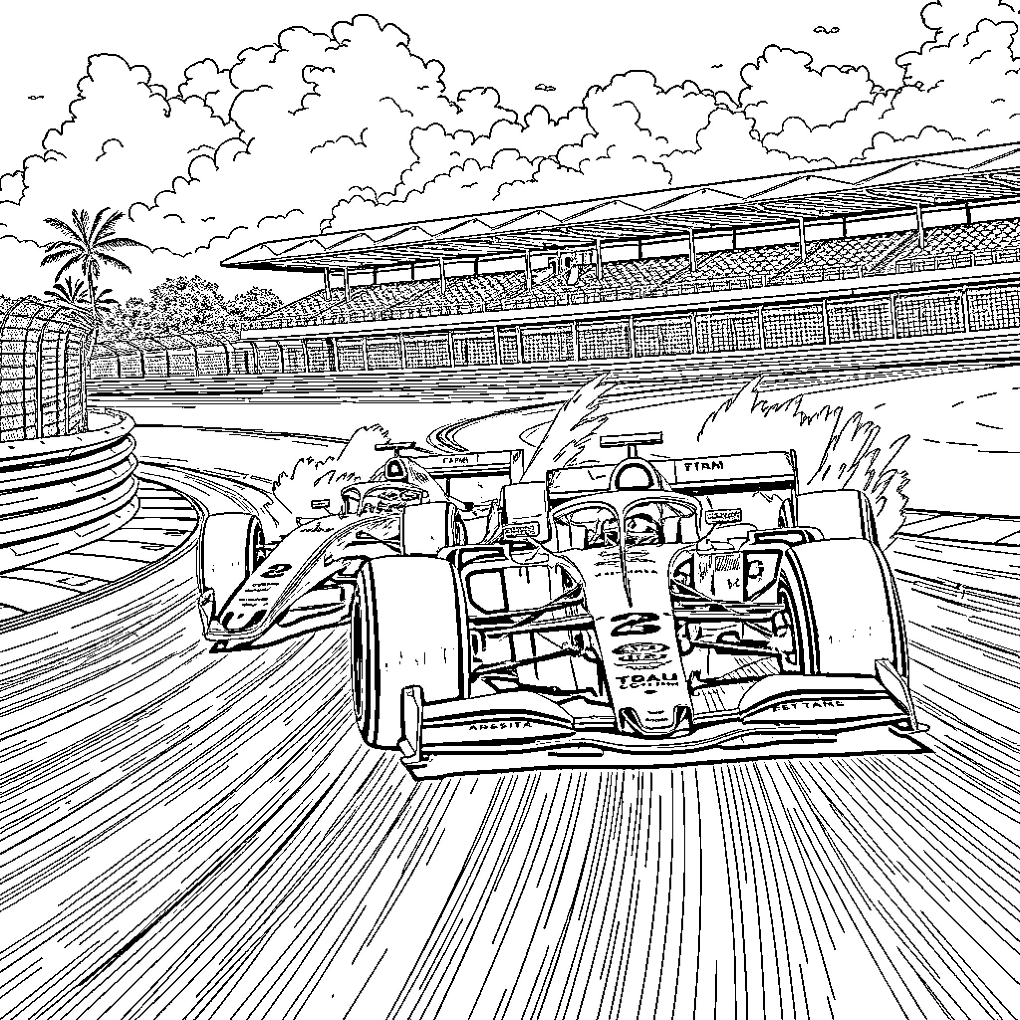 F1 Car speeding on track with grand stands Coloring Page (free black-and-white line drawing printable PDF for all, from beginners to advanced learners, including children, teens, adults, and seniors)