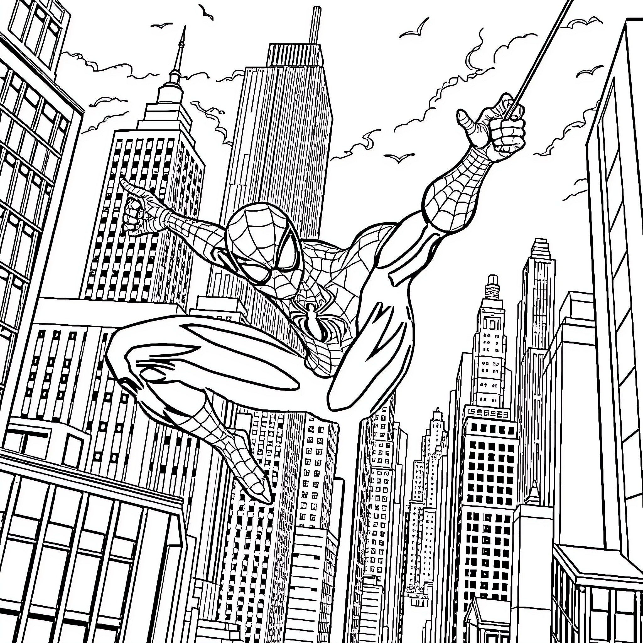 Spider-Man swinging through the city skyline Coloring Page (free black-and-white line drawing printable PDF for all, from beginners to advanced learners, including children, teens, adults, and seniors)