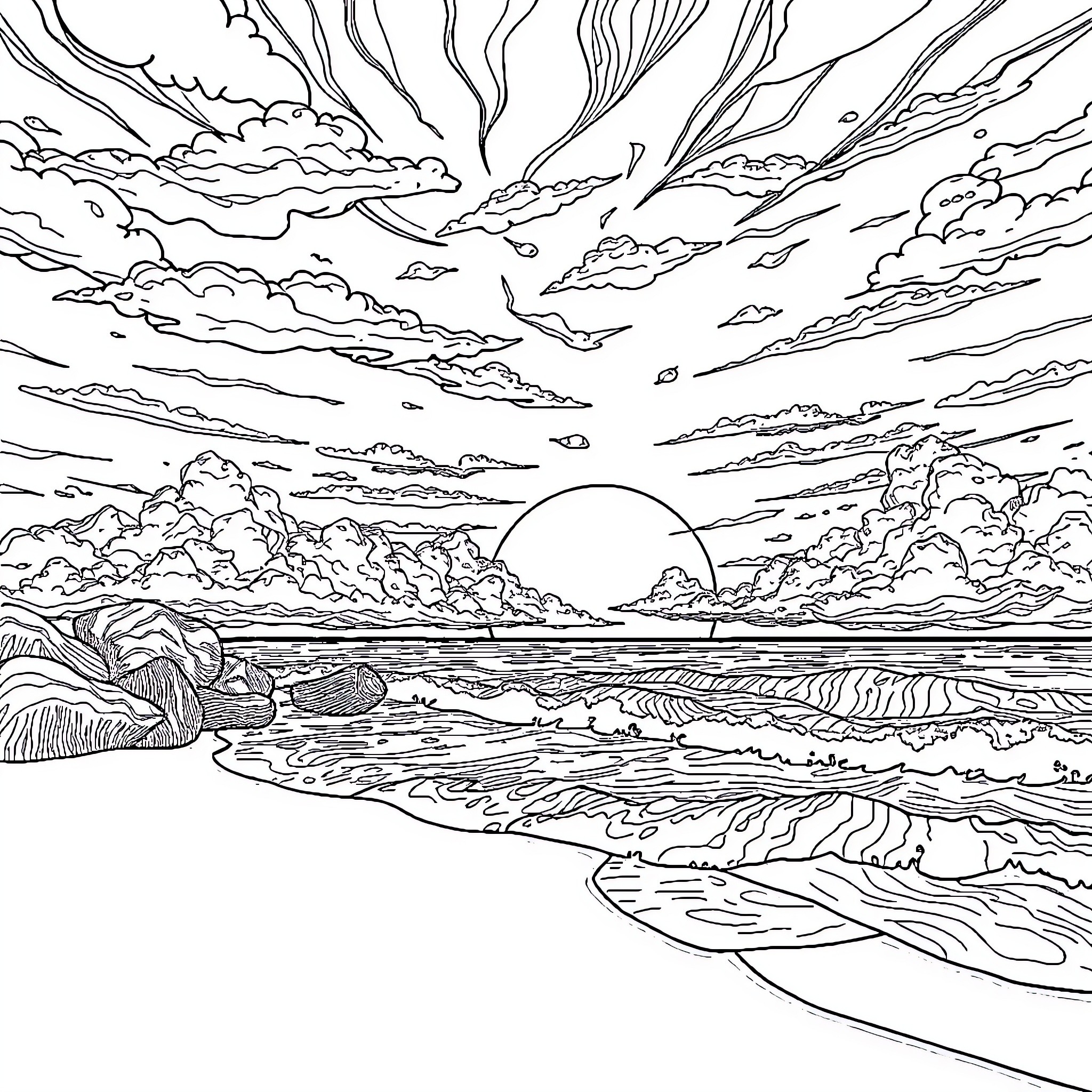 Beach landscape with dramatic clouds and setting sun Coloring Page (free black-and-white line drawing printable PDF for all, from beginners to advanced learners, including children, teens, adults, and seniors)