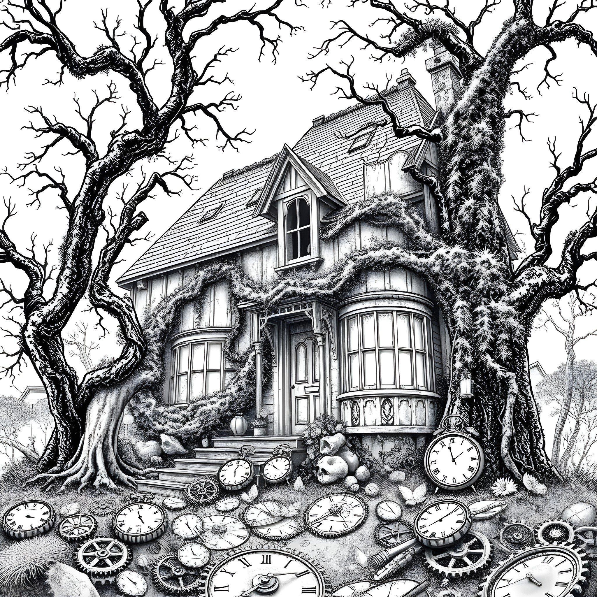 Cottage in the Enchanted Forest with Whimsical Details Coloring Page (free black-and-white line drawing printable PDF for all, from beginners to advanced learners, including children, teens, adults, and seniors)
