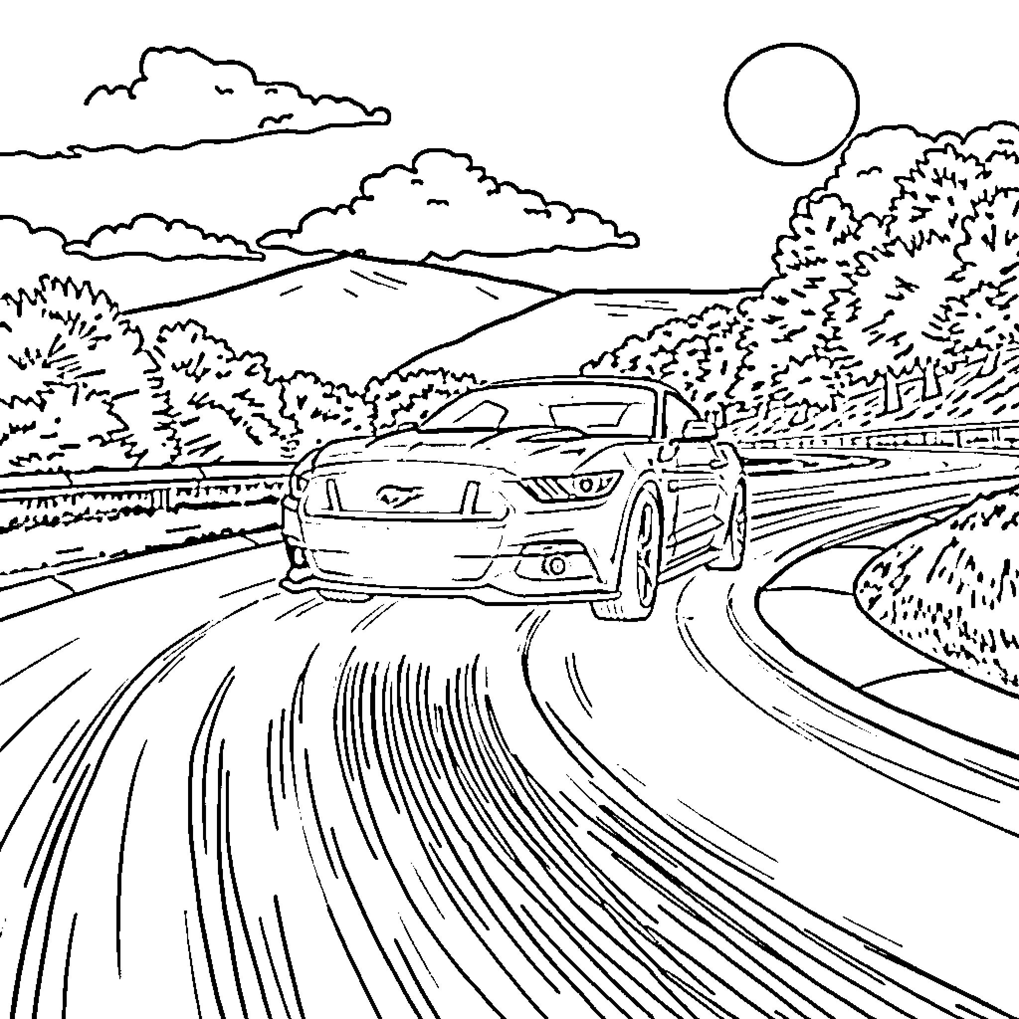 Ford Mustang speeding down the winding road Coloring Page (free black-and-white line drawing printable PDF for all, from beginners to advanced learners, including children, teens, adults, and seniors)
