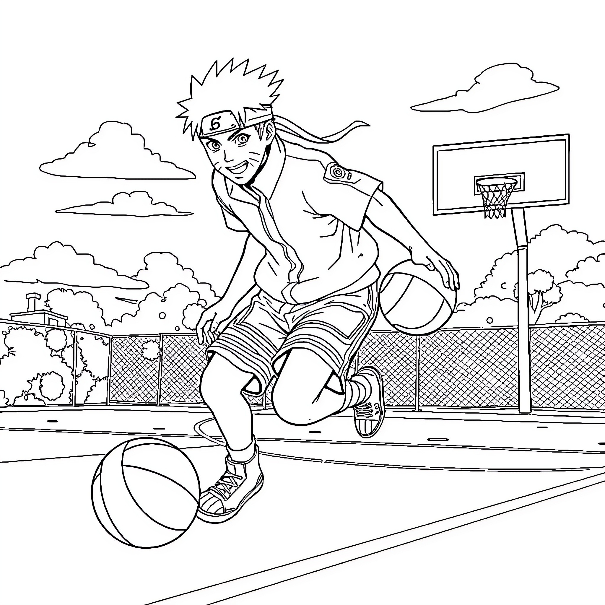 Naruto Playing Basketball on the Court Coloring Page (free black-and-white line drawing printable PDF for all, from beginners to advanced learners, including children, teens, adults, and seniors)