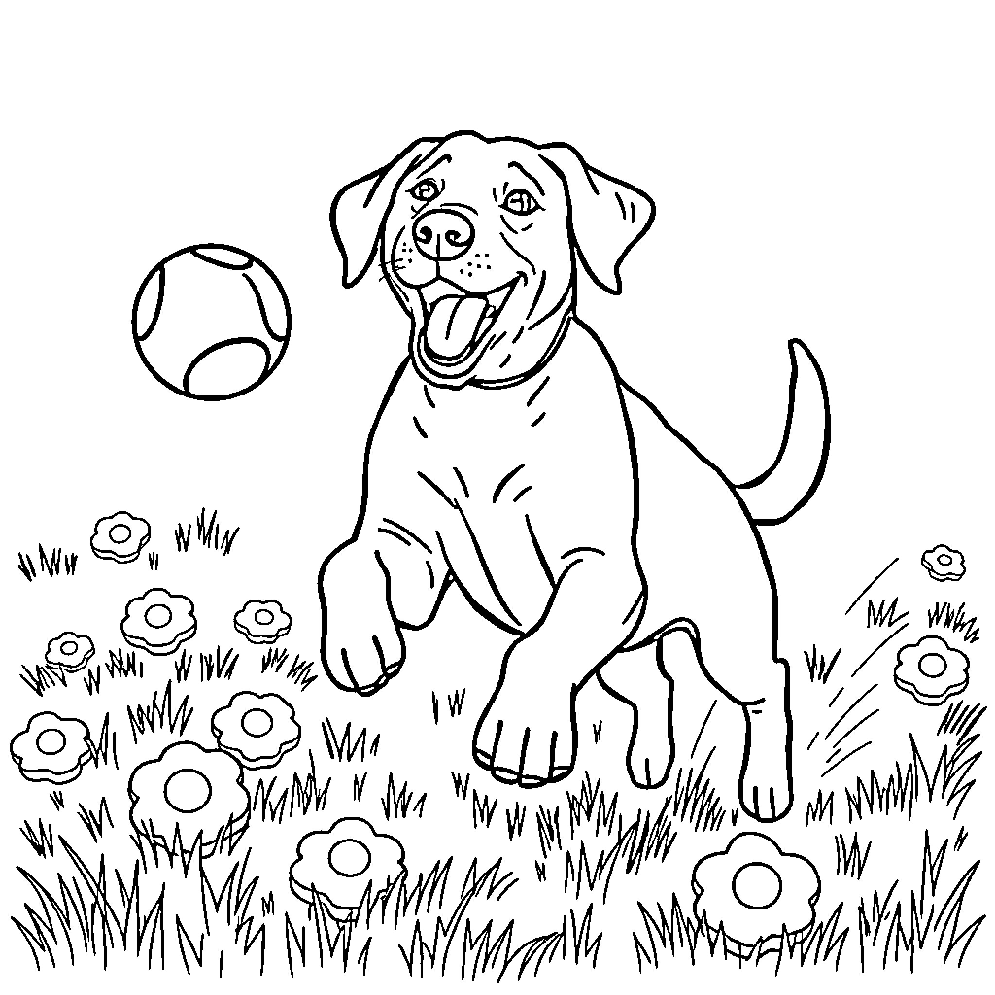 Labrador playing fetch with a ball in the field Coloring Page (free black-and-white line drawing printable PDF for all, from beginners to advanced learners, including children, teens, adults, and seniors)