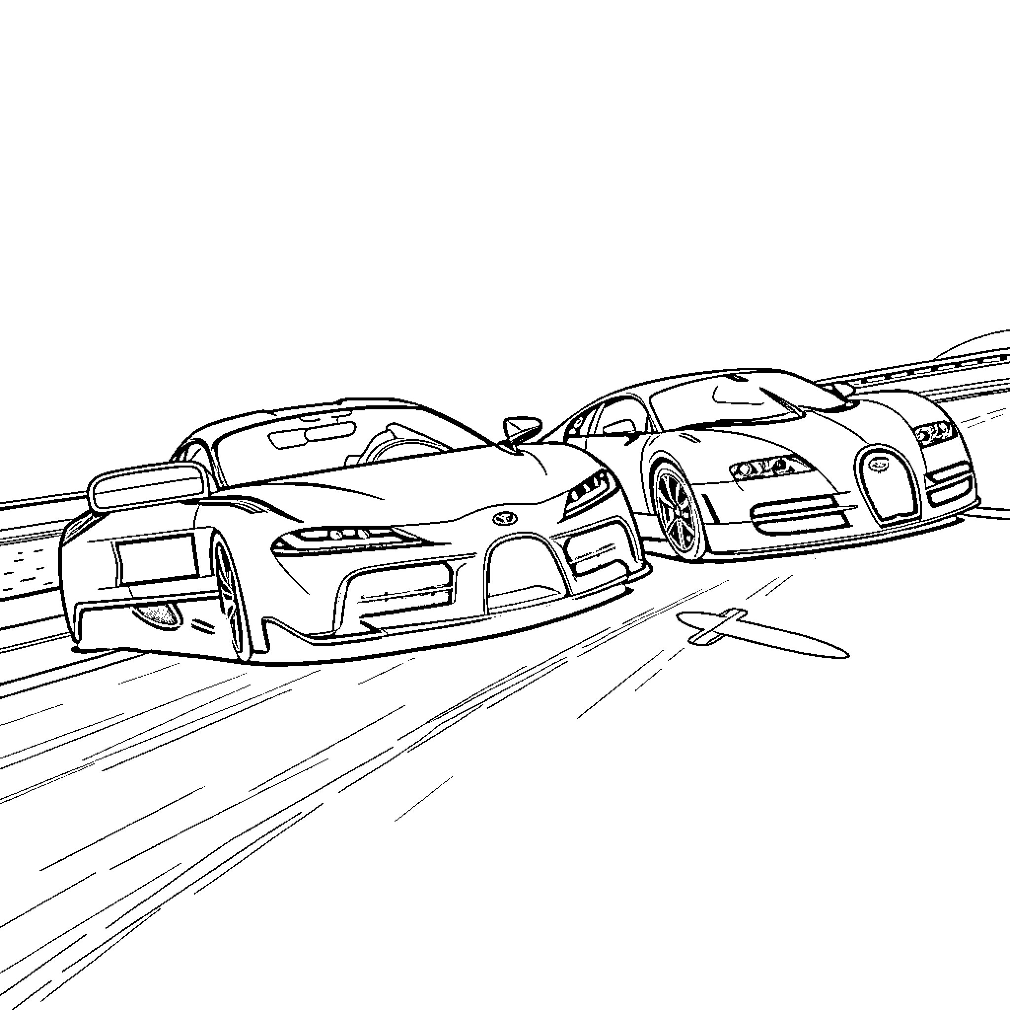 Cars racing on the track Coloring Page (free black-and-white line drawing printable PDF for all, from beginners to advanced learners, including children, teens, adults, and seniors)