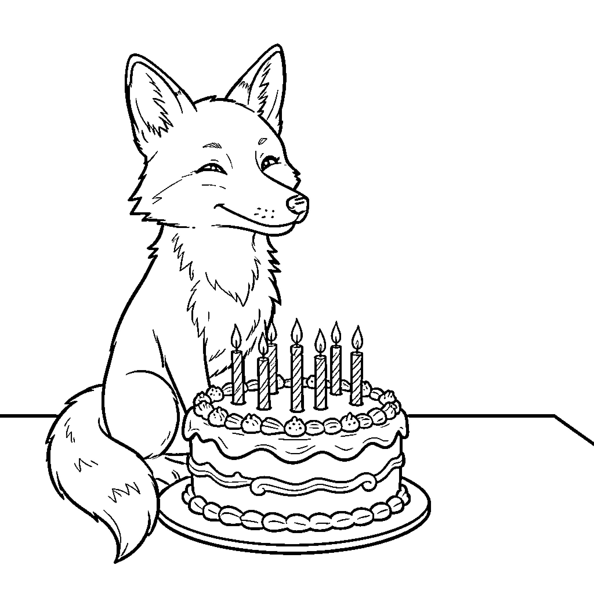 Fox smiling happily next to a birthday cake Coloring Page (free black-and-white line drawing printable PDF for all, from beginners to advanced learners, including children, teens, adults, and seniors)