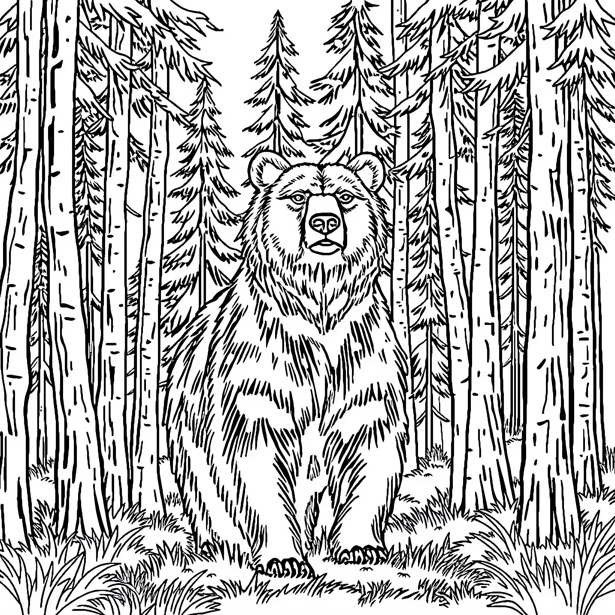 Bear in the Tranquil Forest Coloring Page (free black-and-white line drawing printable PDF for all, from beginners to advanced learners, including children, teens, adults, and seniors)
