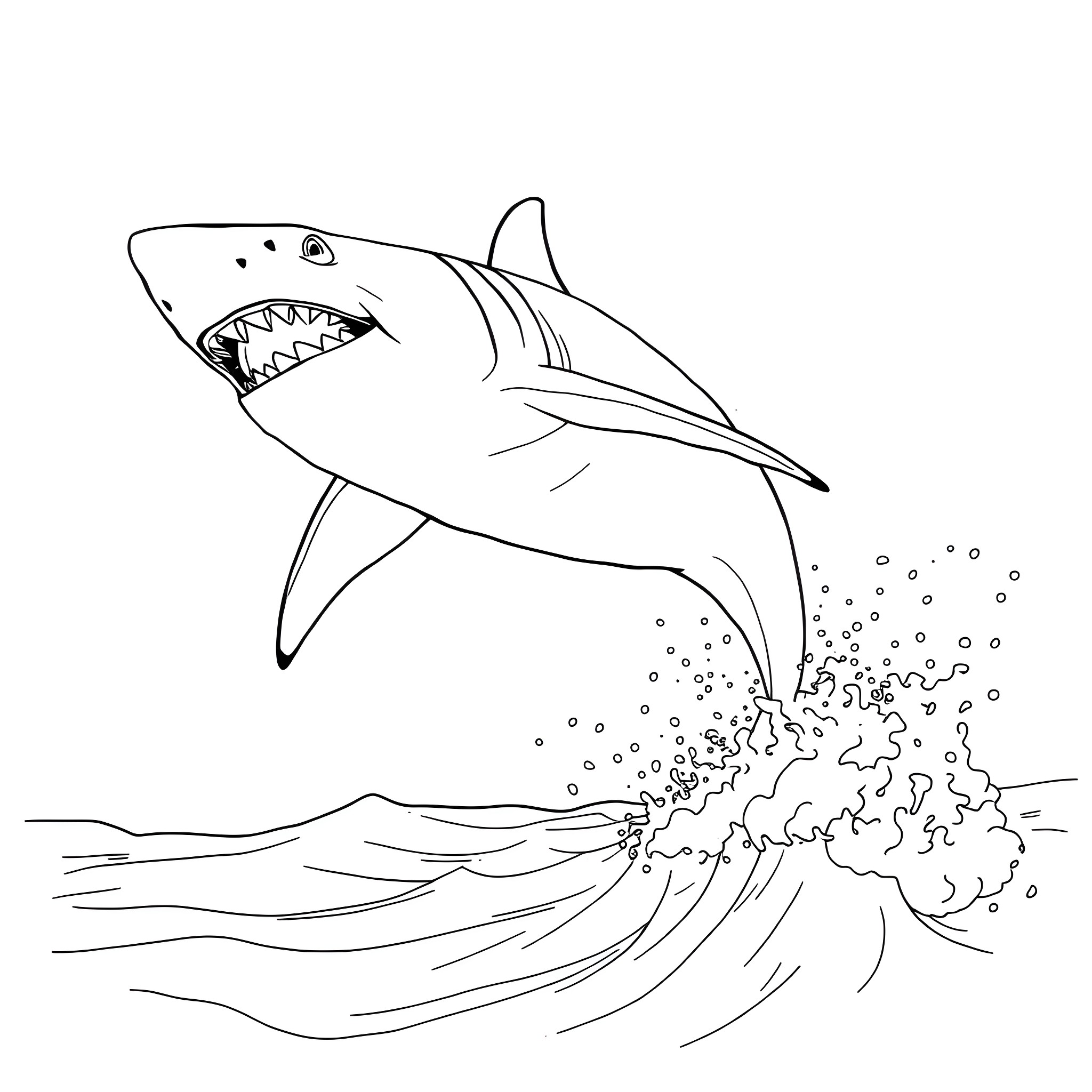 Shark leaping through the air Coloring Page (free black-and-white line drawing printable PDF for all, from beginners to advanced learners, including children, teens, adults, and seniors)