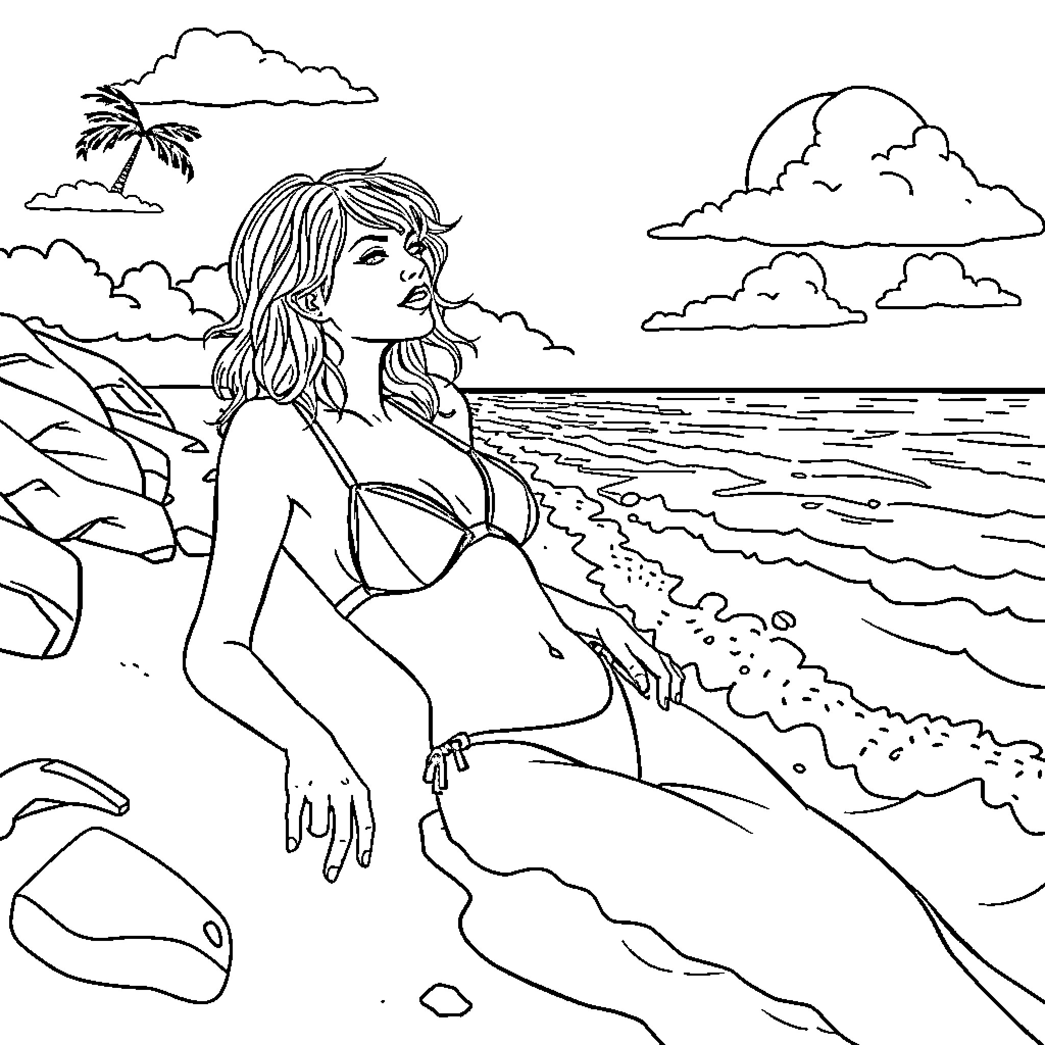 Taylor Swift enjoying a sunny day at the beach Coloring Page (free black-and-white line drawing printable PDF for all, from beginners to advanced learners, including children, teens, adults, and seniors)
