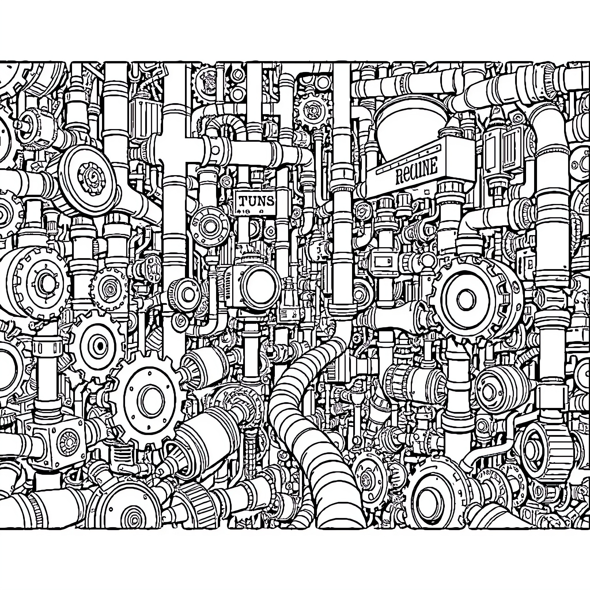 Maze of Mechanical Wonders Coloring Page (free black-and-white line drawing printable PDF for all, from beginners to advanced learners, including children, teens, adults, and seniors)