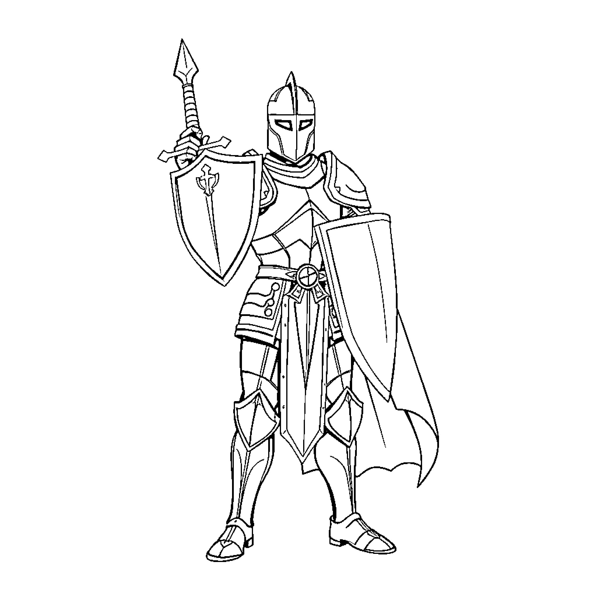 Knight in Shining Armor Wielding Sword and Shield Coloring Page (free black-and-white line drawing printable PDF for all, from beginners to advanced learners, including children, teens, adults, and seniors)