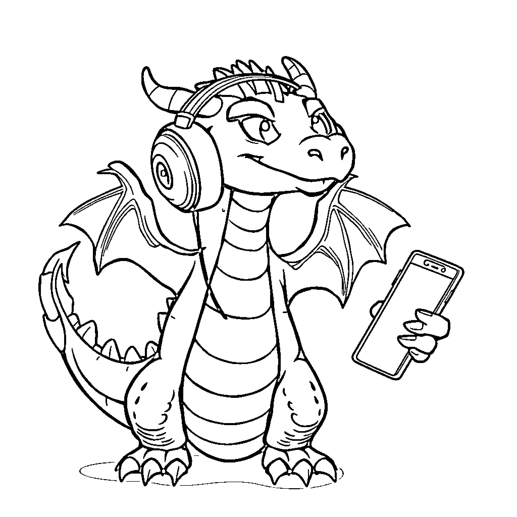 Dragon using smartphone with headphones Coloring Page (free black-and-white line drawing printable PDF for all, from beginners to advanced learners, including children, teens, adults, and seniors)