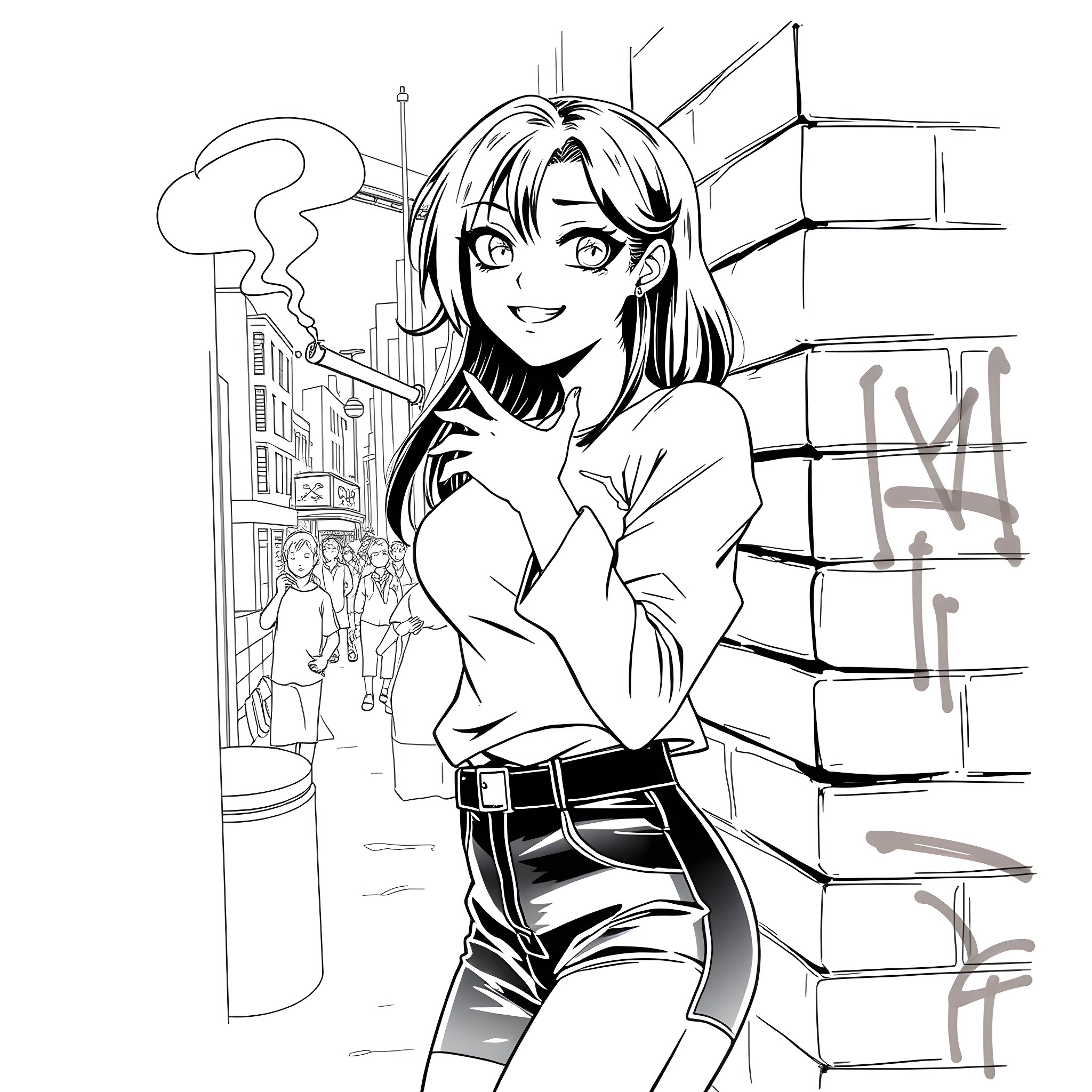 Kuromi's Confident Stroll Through the City Coloring Page (free black-and-white line drawing printable PDF for all, from beginners to advanced learners, including children, teens, adults, and seniors)