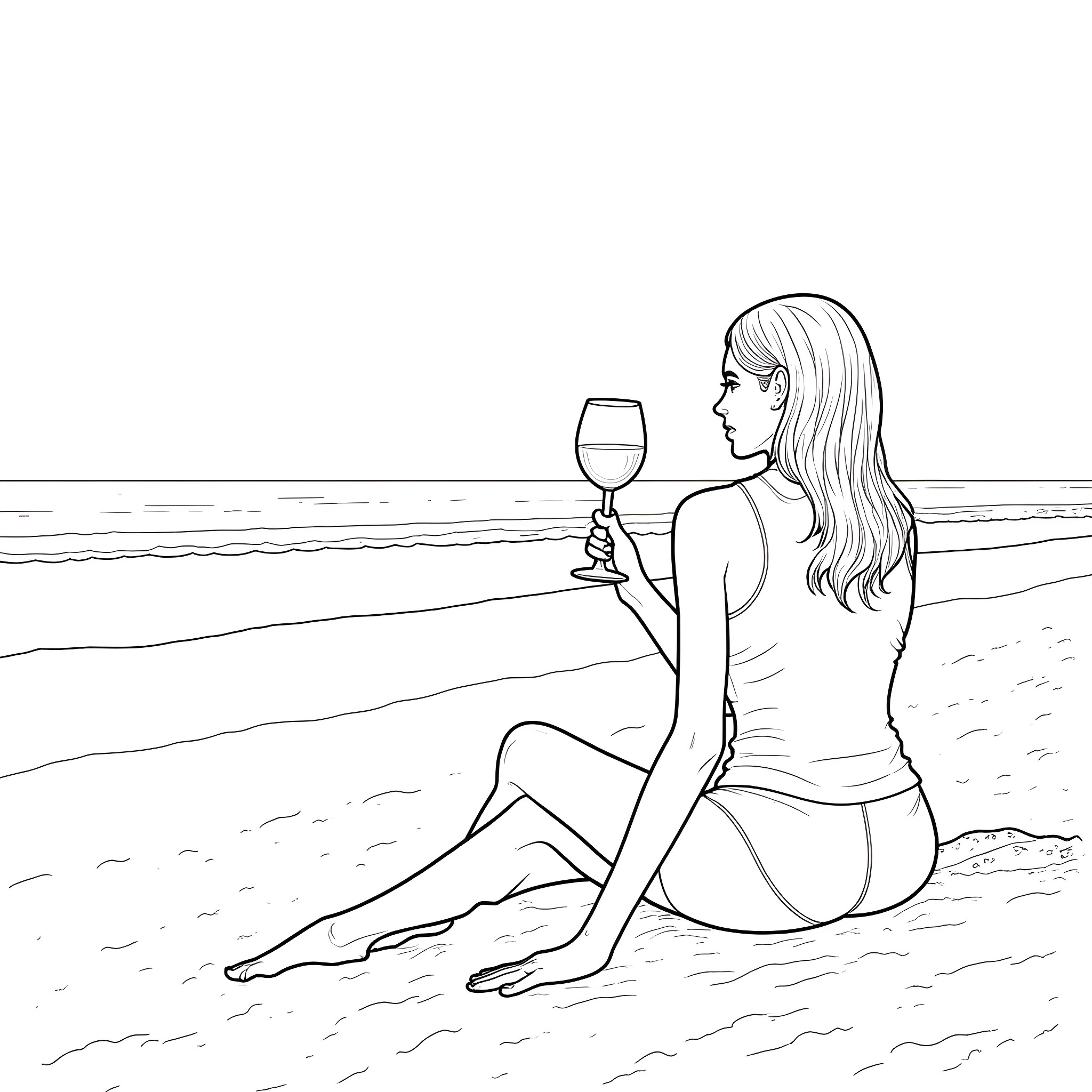 Buffy enjoying a glass of wine on the beach Coloring Page (free black-and-white line drawing printable PDF for all, from beginners to advanced learners, including children, teens, adults, and seniors)