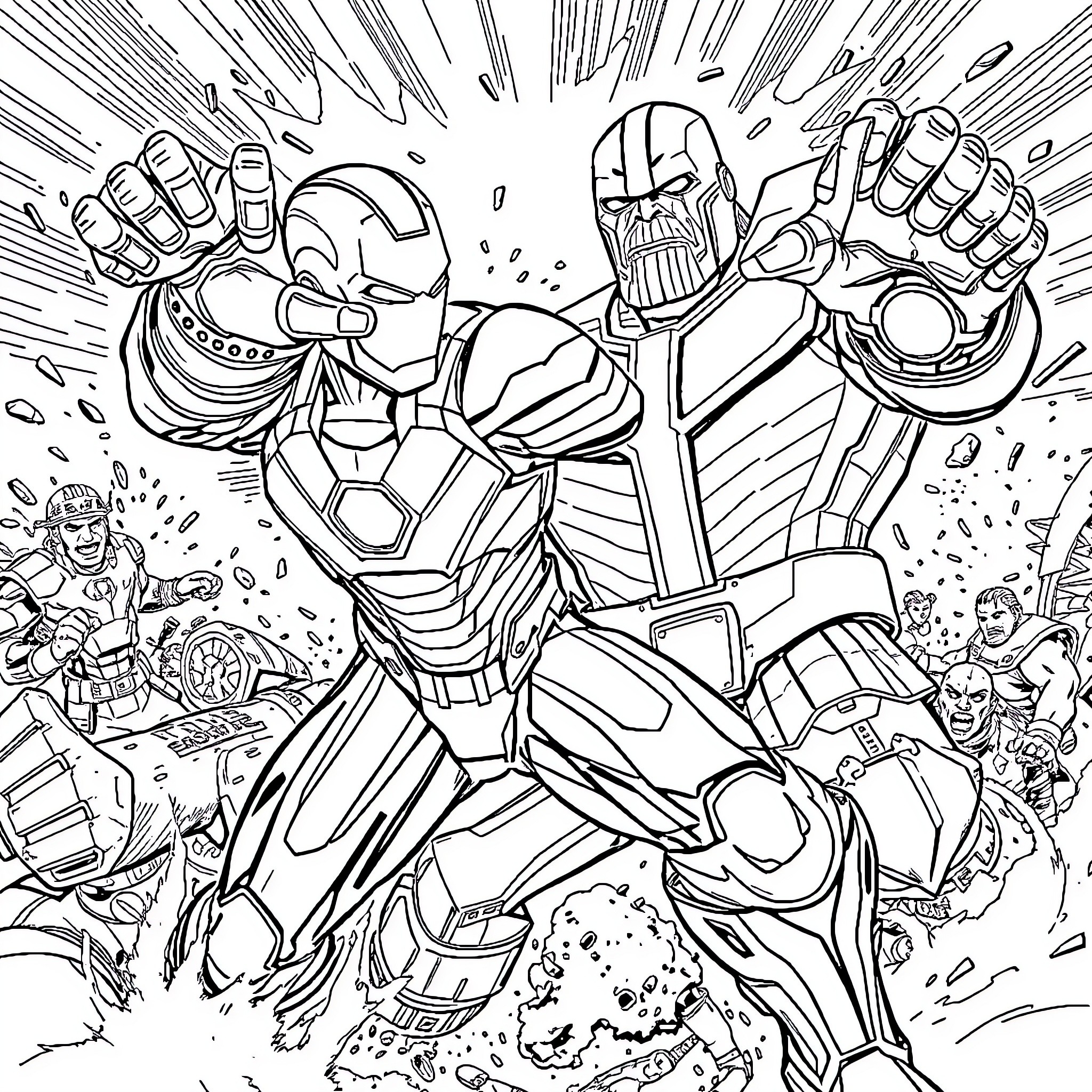 Iron Man and Thanos Clash in Epic Battle Coloring Page (free black-and-white line drawing printable PDF for all, from beginners to advanced learners, including children, teens, adults, and seniors)