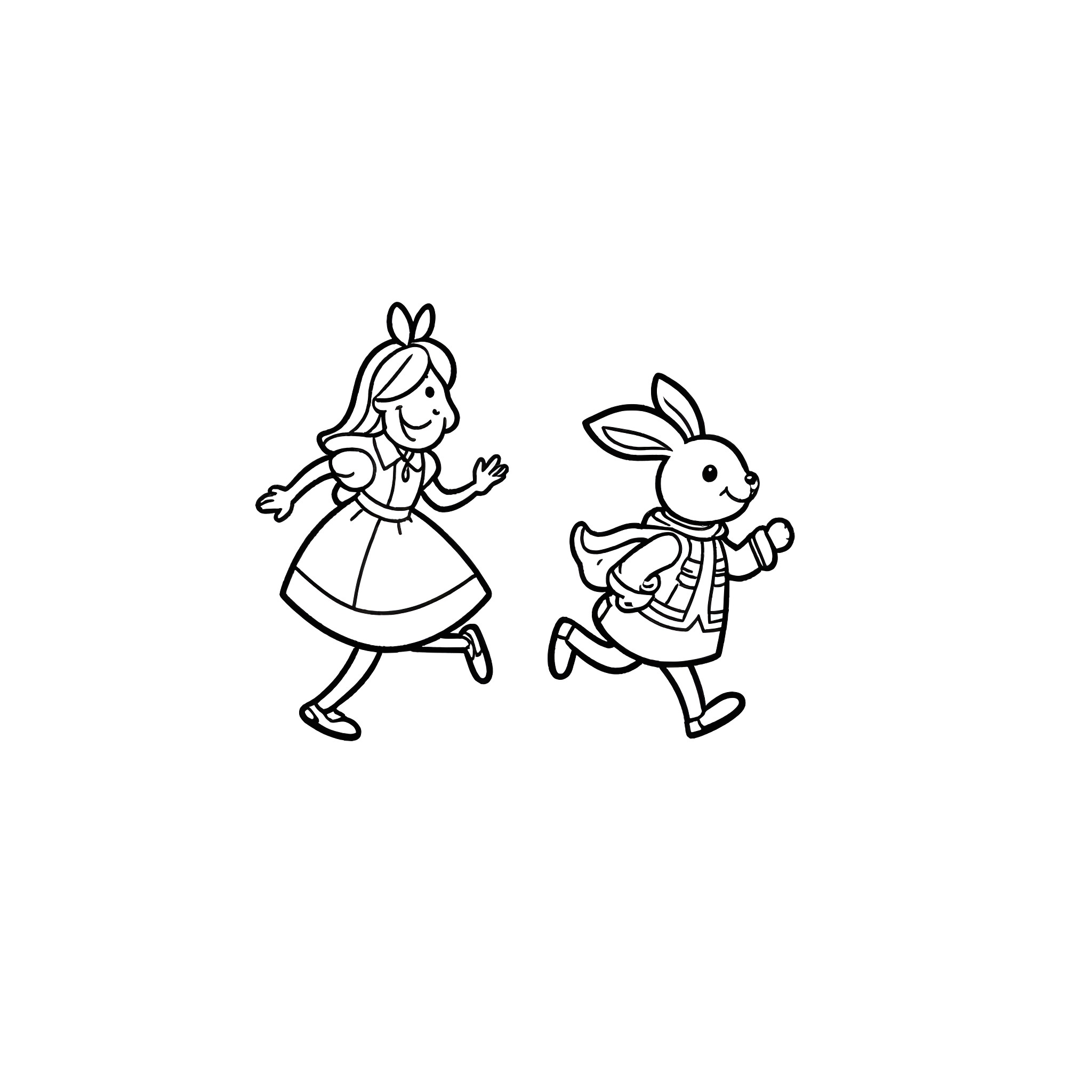 Alice chasing the white rabbit Coloring Page (free black-and-white line drawing printable PDF for all, from beginners to advanced learners, including children, teens, adults, and seniors)