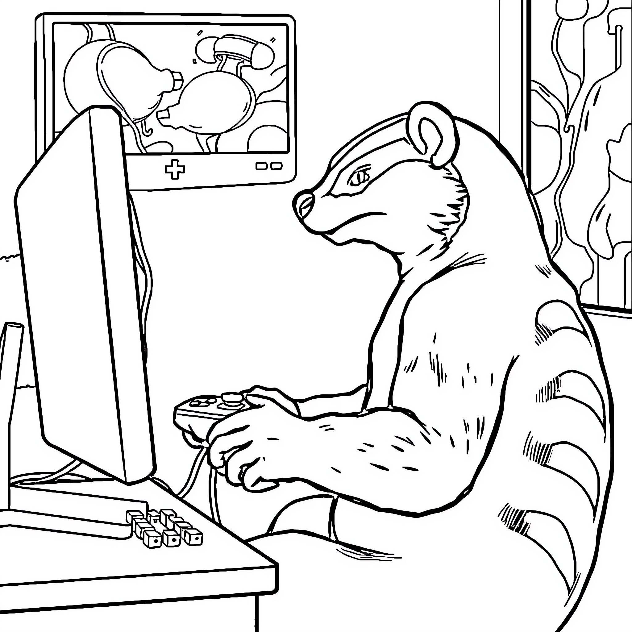 Lobster Playing Video Game in Underwater Scene Coloring Page (free black-and-white line drawing printable PDF for all, from beginners to advanced learners, including children, teens, adults, and seniors)