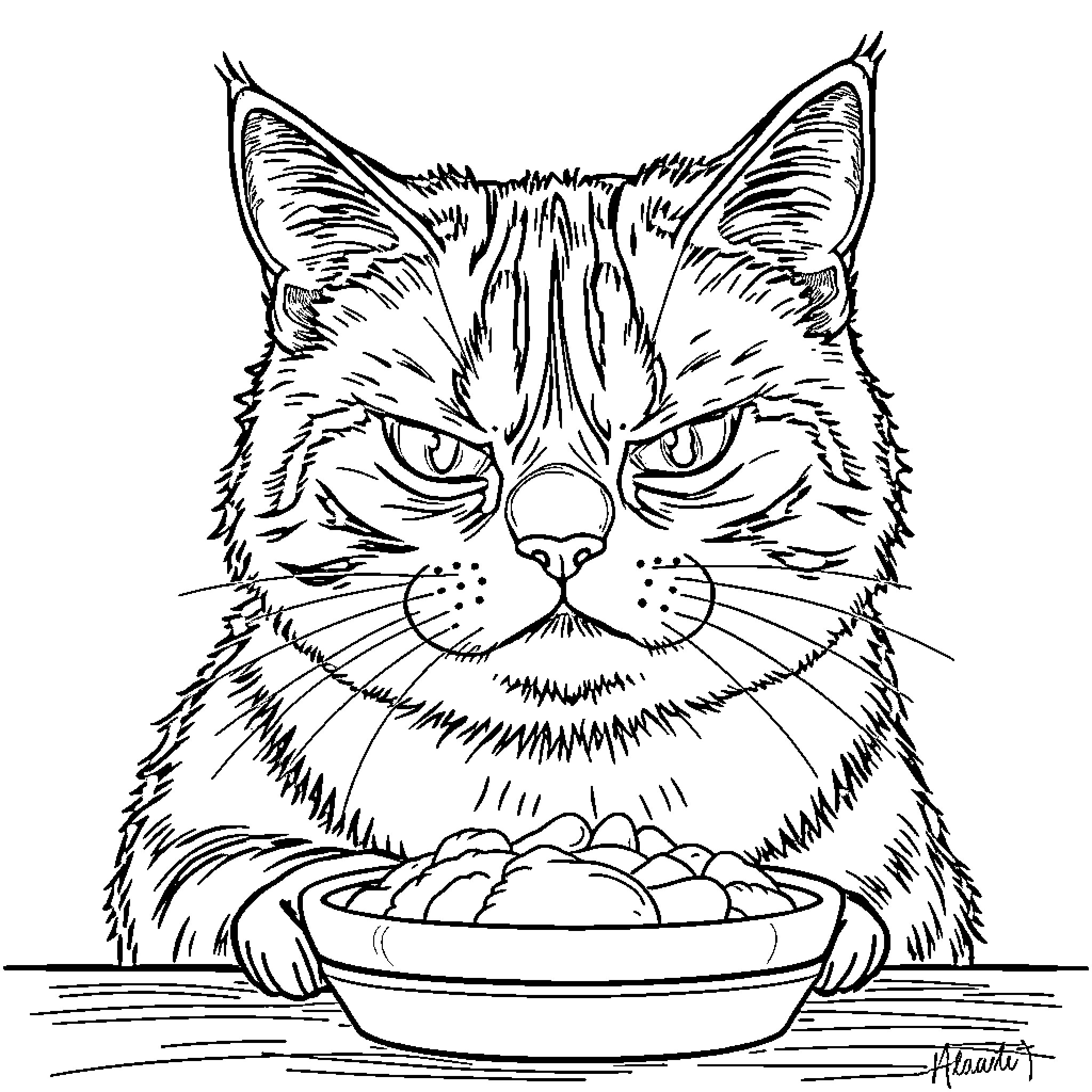 Pusheen greedily eyeing a dish of treats Coloring Page (free black-and-white line drawing printable PDF for all, from beginners to advanced learners, including children, teens, adults, and seniors)