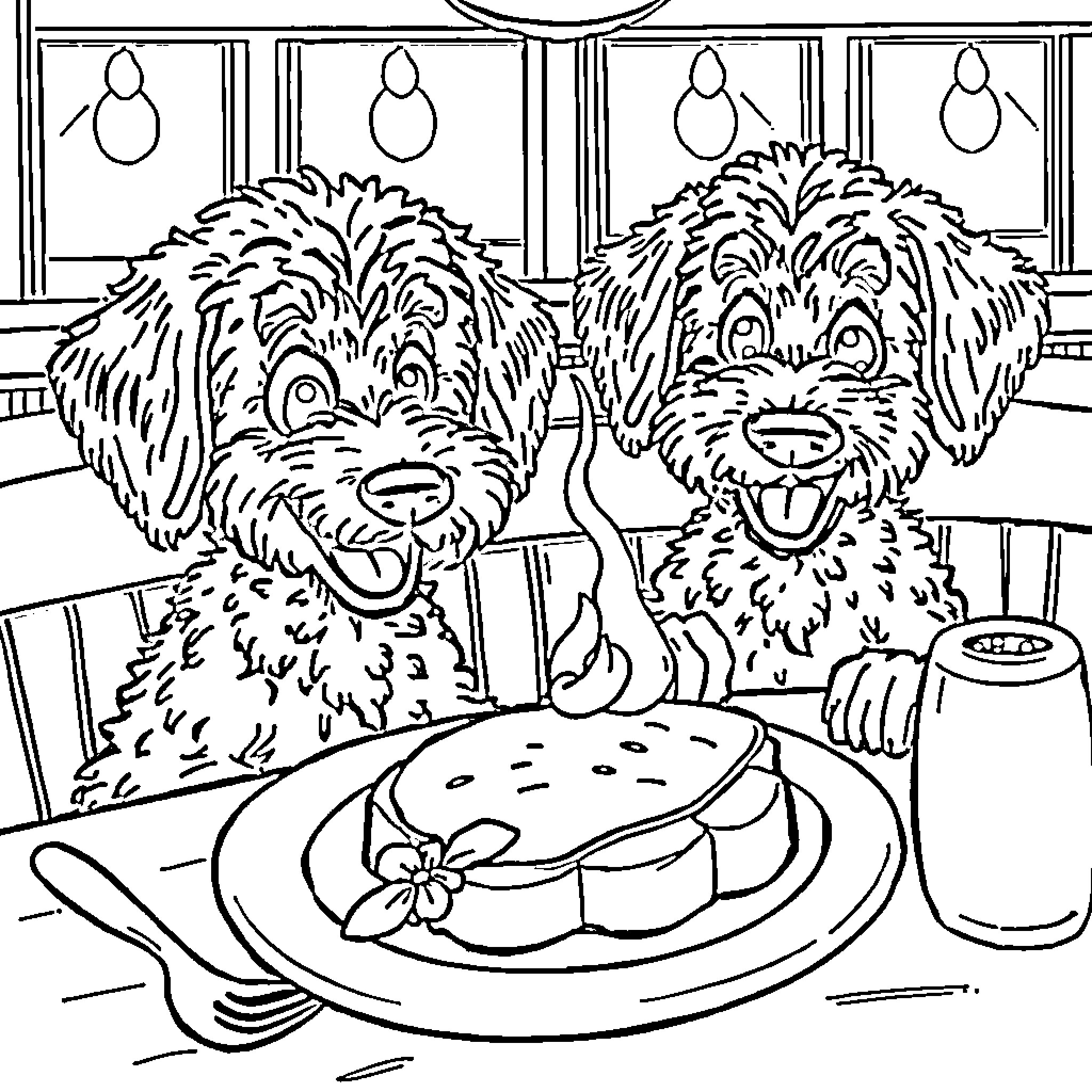 Labradoodles enjoying a tasty meal Coloring Page (free black-and-white line drawing printable PDF for all, from beginners to advanced learners, including children, teens, adults, and seniors)
