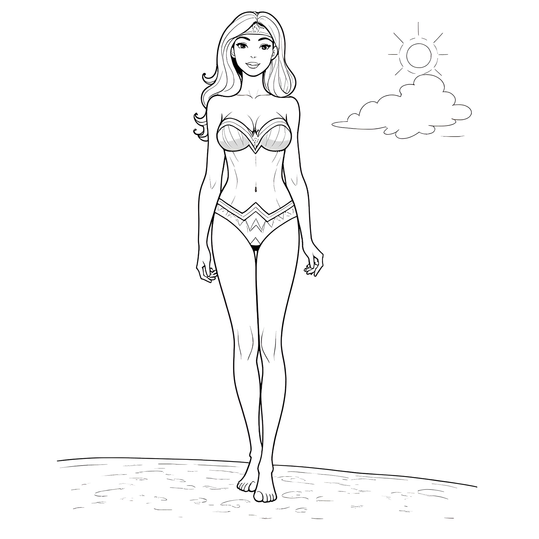 Wonder Woman posing confidently in her iconic outfit Coloring Page (free black-and-white line drawing printable PDF for all, from beginners to advanced learners, including children, teens, adults, and seniors)