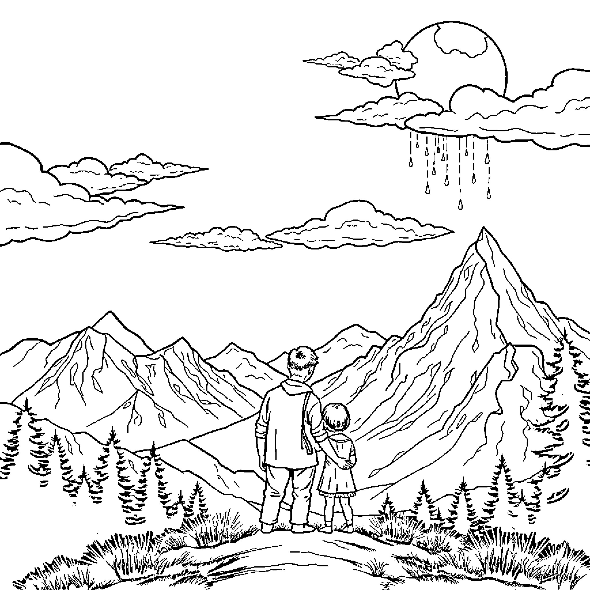 Family Exploring the Majestic Mountain Landscape Coloring Page (free black-and-white line drawing printable PDF for all, from beginners to advanced learners, including children, teens, adults, and seniors)