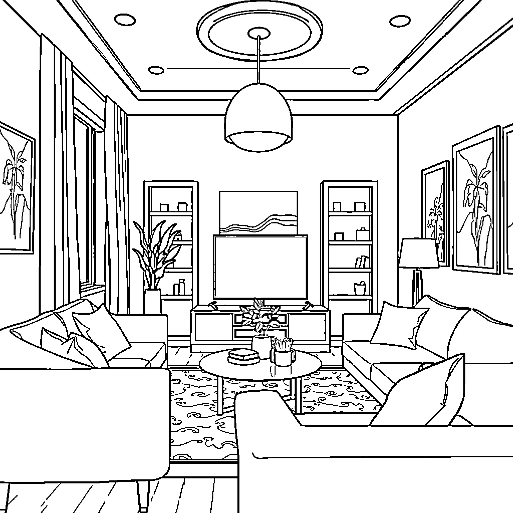 Interior Design of Cozy Living Room with Furniture Coloring Page (free black-and-white line drawing printable PDF for all, from beginners to advanced learners, including children, teens, adults, and seniors)
