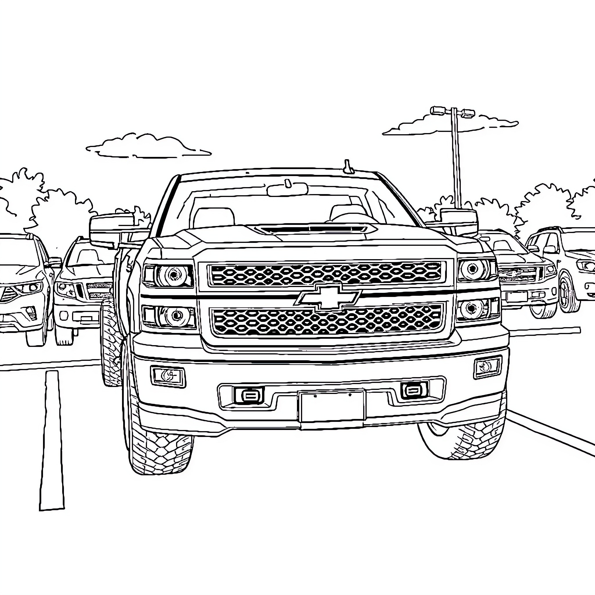 Truck in Outdoor Parking Lot Scene Coloring Page (free black-and-white line drawing printable PDF for all, from beginners to advanced learners, including children, teens, adults, and seniors)